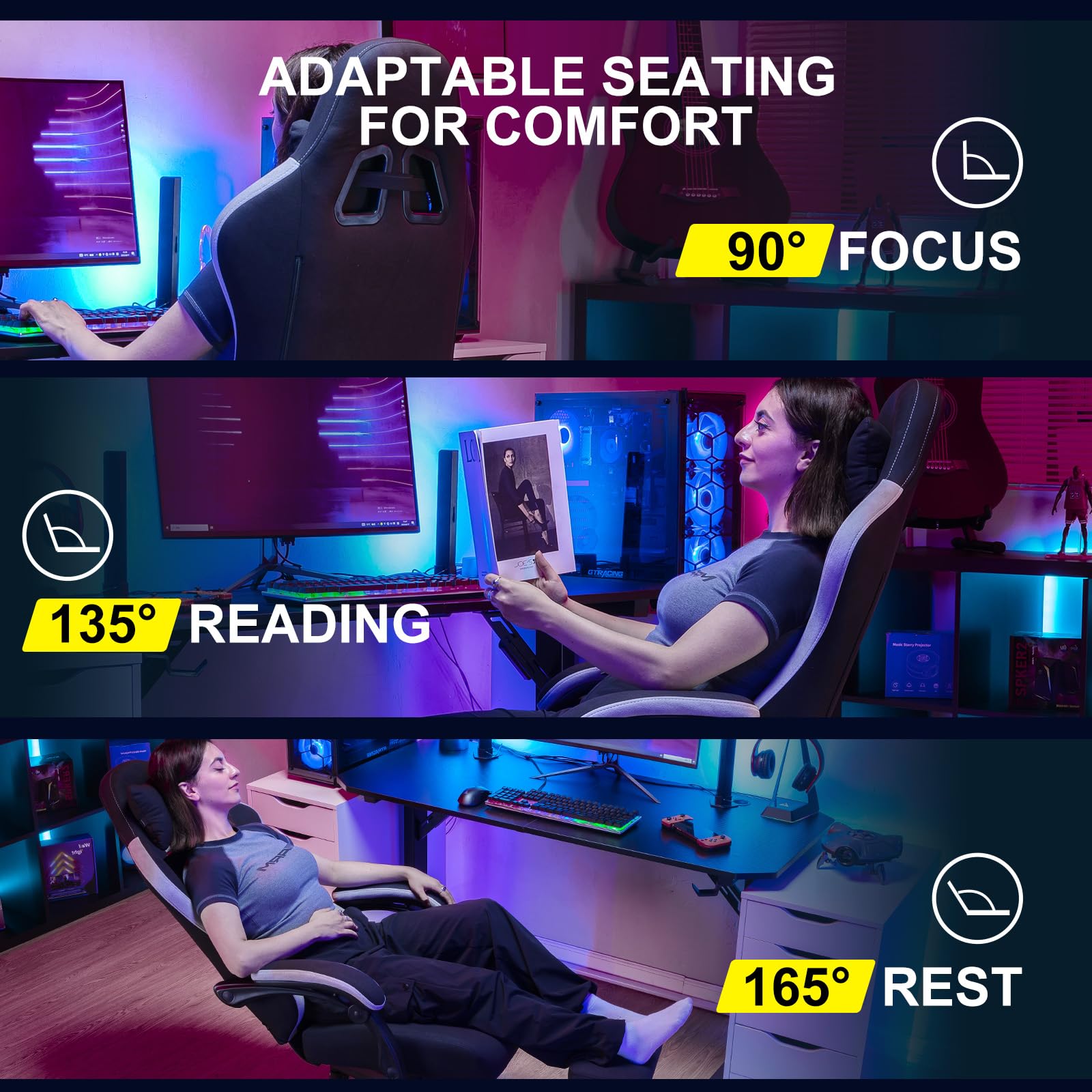 GTPLAYER Gaming Chair, Computer Office Chair with Pocket Spring Cushion, Linkage Armrests and Footrest, High Back Ergonomic Computer Chair with Lumbar Support Task Chair with Footrest(Black) - Medaid International