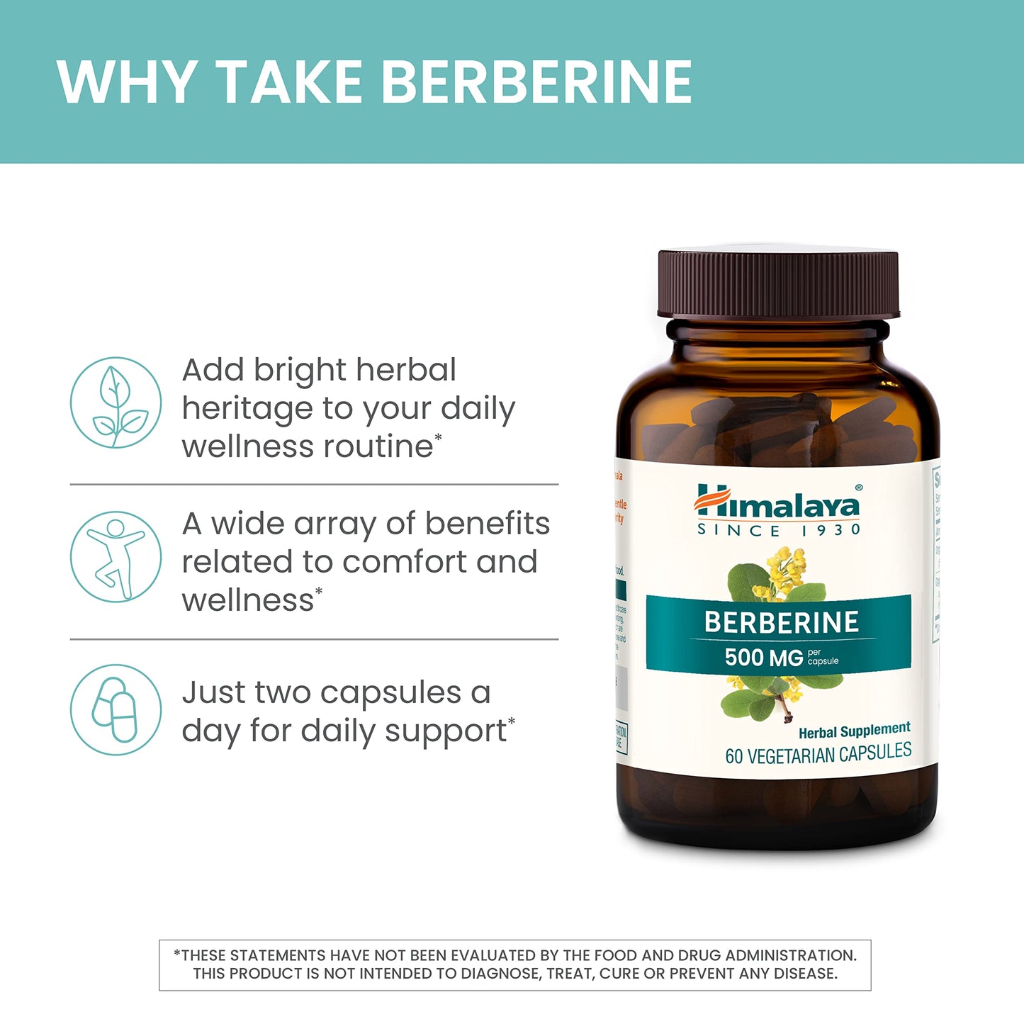 Himalaya Berberine - Herbal Supplement for Supporting Normal Metabolism, Immune, and Digestive Health - Vegan, Gluten Free, 500 mg, 60 Vegetarian Capsules - Medaid International