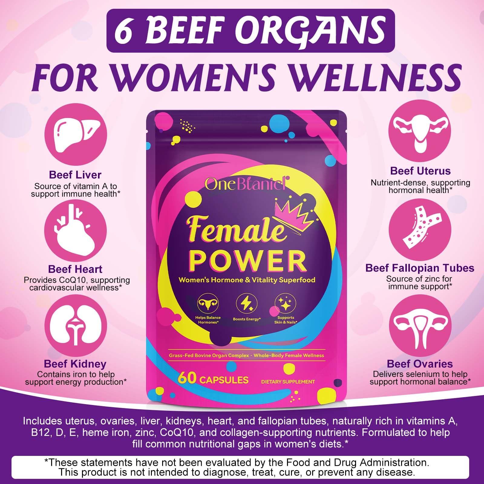 Beef Organ Supplement for Women with Beef Liver, Kidney, Heart and Uterus Tissue, Supports Women's Overall Wellness, Hormone Balance, Energy, Skin Health, 100% Grass Fed, Non-GMO, 60 Capsules - Medaid International