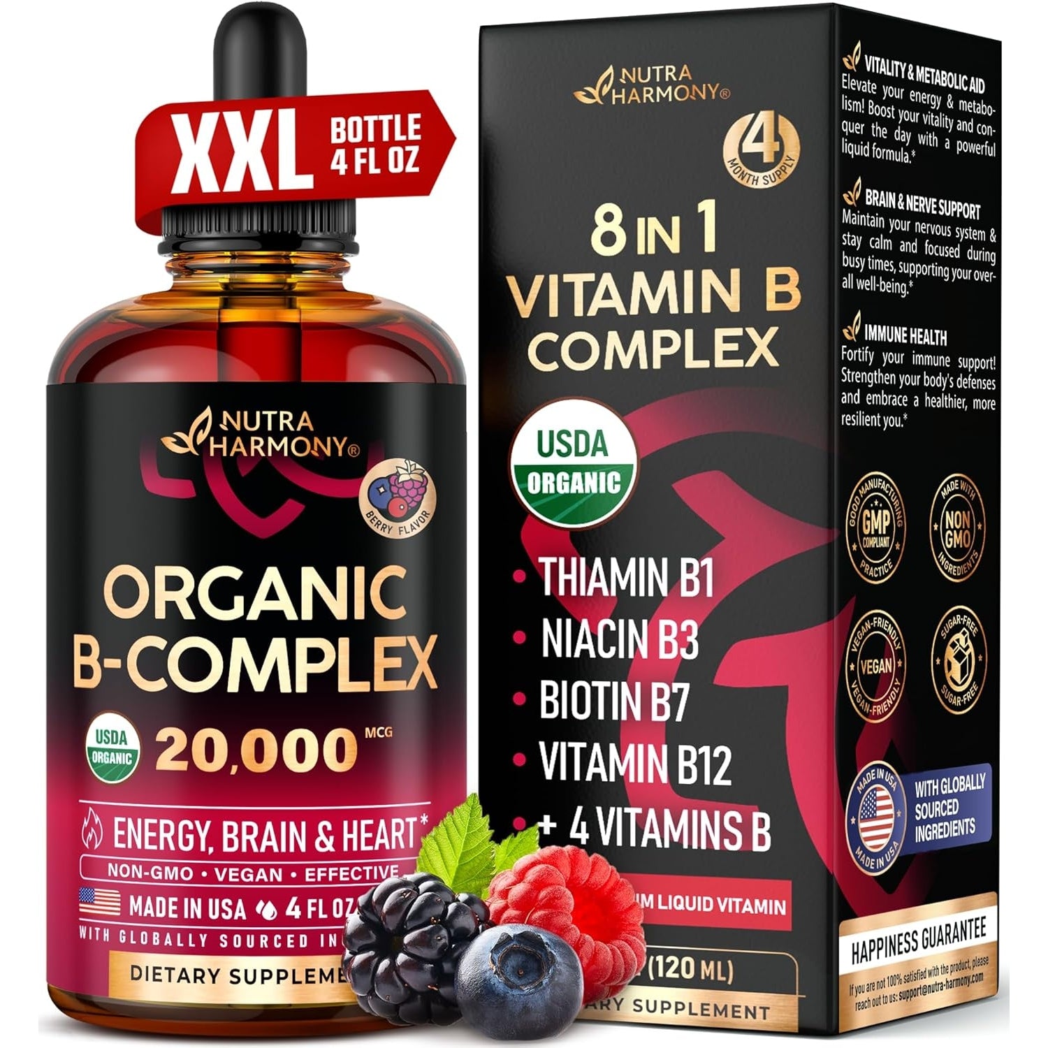 USDA Organic Vitamin B-Complex B5 Pantothenic Acid | B12 Methylcobalamin | B1 Thiamine | B6 Pyridoxine | B7 Biotin | B9 Folic | B3 Niacinamide - B Complex Liquid Drops, Made in USA Supplement, 2fl oz - Medaid