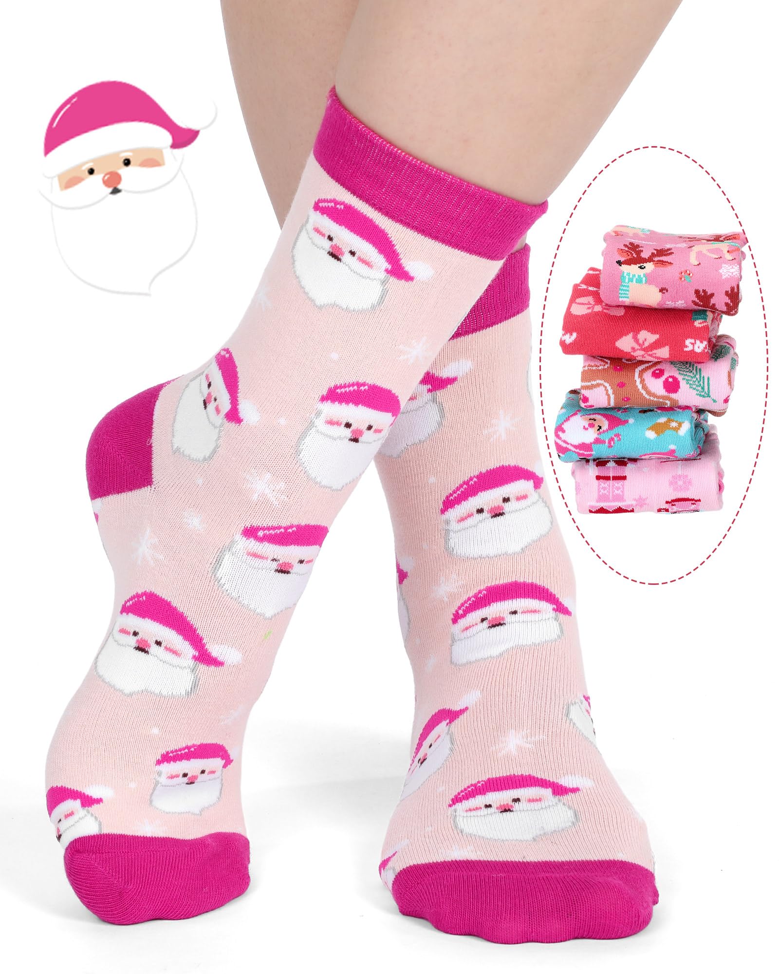Croloose 10 Pairs Pink Christmas Socks for Women Bulk Fun Xmas Crew Socks Holiday Gift for Stocking Stuffer Party Favors (Multicolor Style) - Medaid International