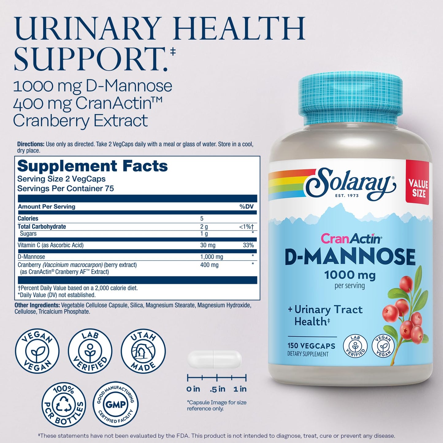 Solaray D-Mannose 1000mg with CranActin Cranberry Supplement 400mg, Urinary Tract Health & Bladder Support Capsules with Vitamin C, Vegan, 60 Day Guarantee, 75 Servings, 150 VegCaps - Medaid International