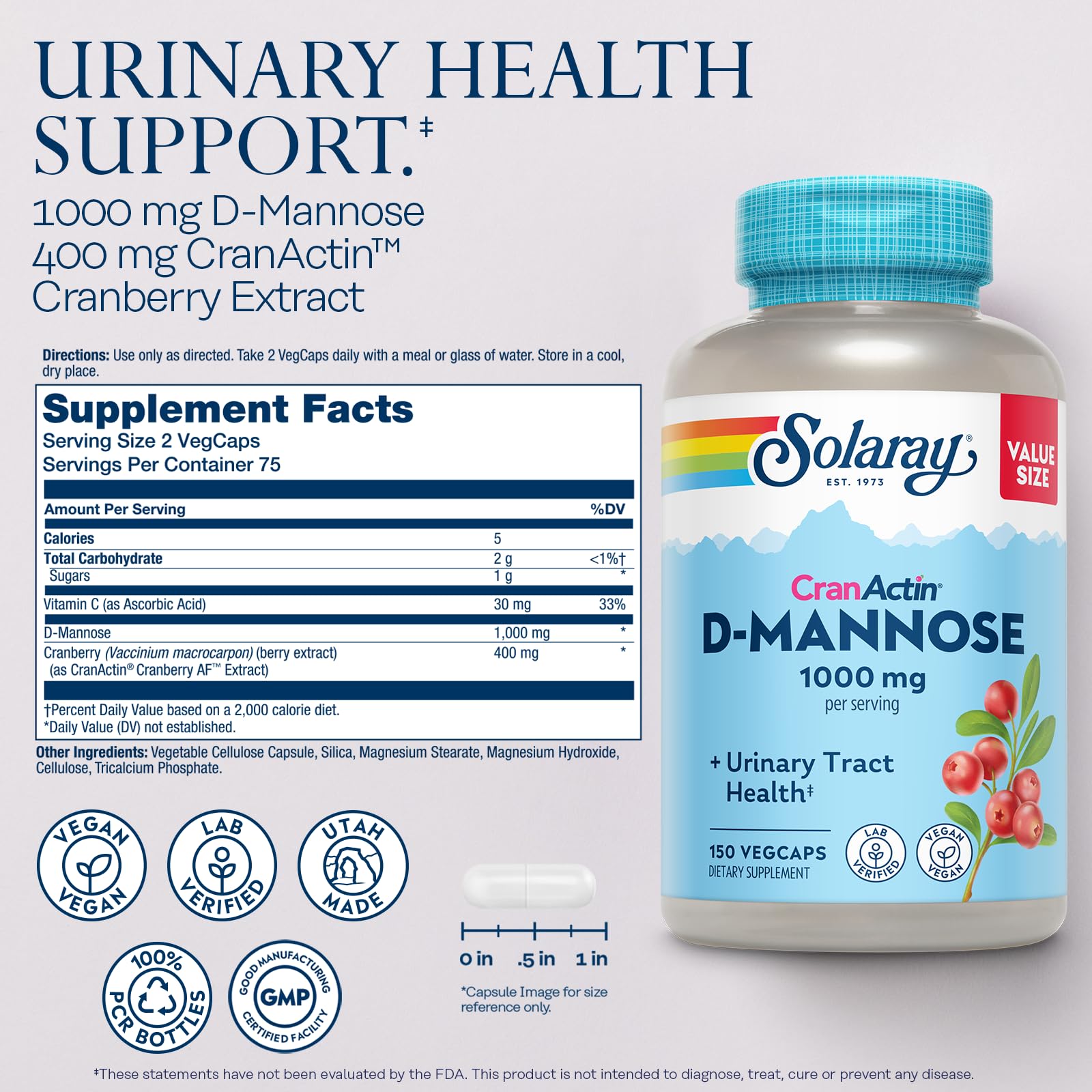 Solaray D-Mannose 1000mg with CranActin Cranberry Supplement 400mg, Urinary Tract Health & Bladder Support Capsules with Vitamin C, Vegan, 60 Day Guarantee, 75 Servings, 150 VegCaps - Medaid International