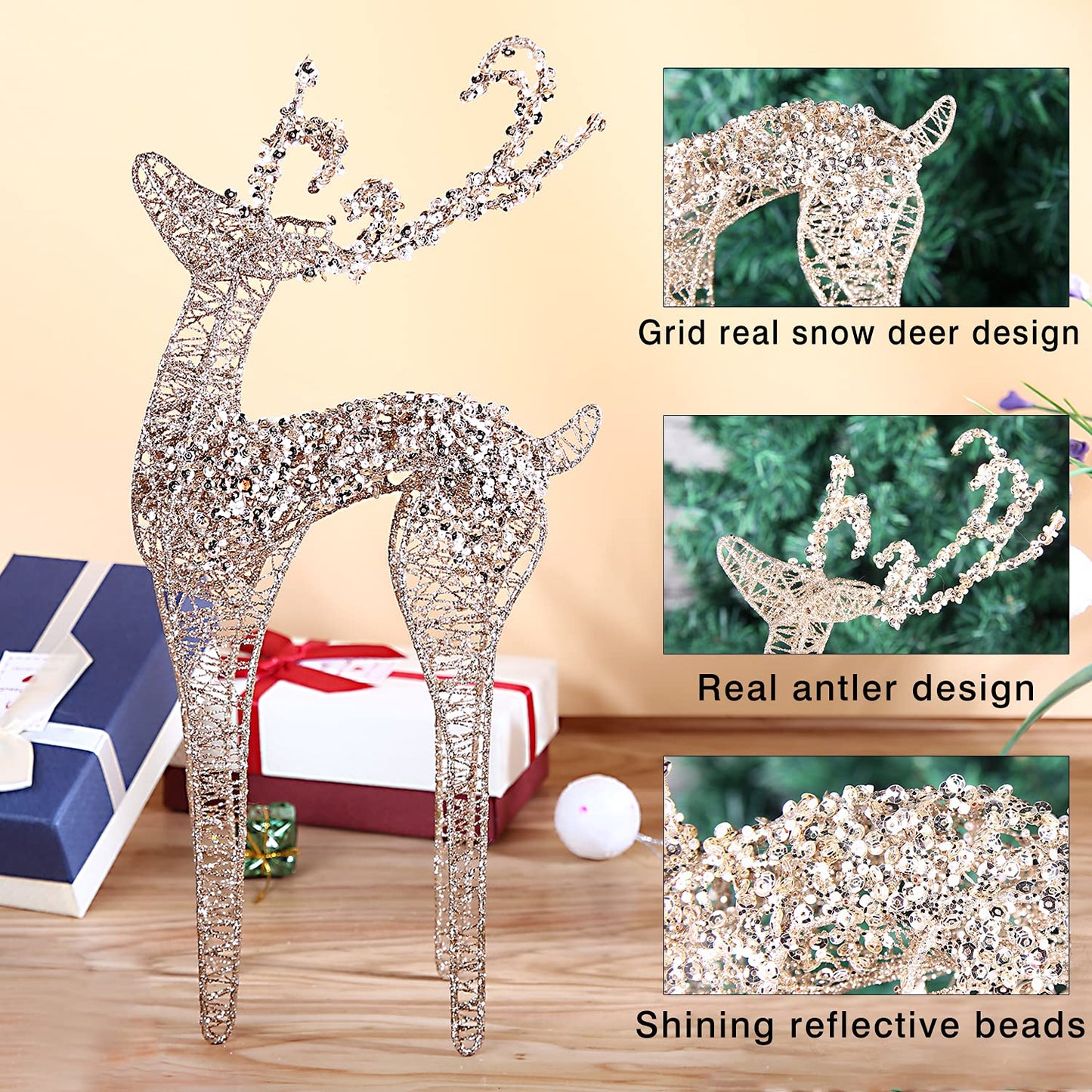 ZHANYIGY 2pc Set White Pearl Champagne Winding for Standing Reindeer Decorations Christmas Reindeer Figurine Table Desk Decorations Glittering Xmas Holiday Party Supply - Medaid International