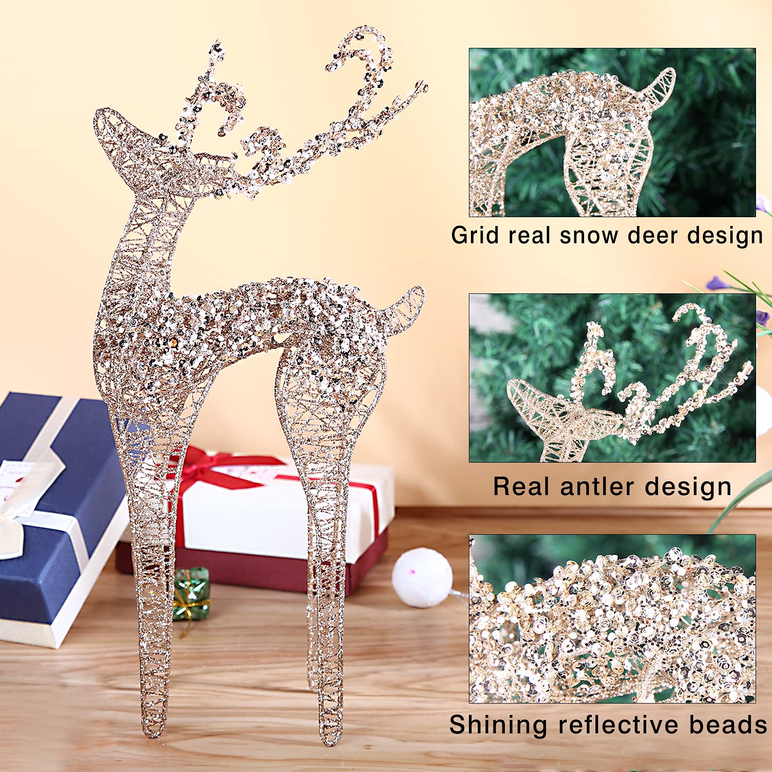 ZHANYIGY 2pc Set White Pearl Champagne Winding for Standing Reindeer Decorations Christmas Reindeer Figurine Table Desk Decorations Glittering Xmas Holiday Party Supply - Medaid International