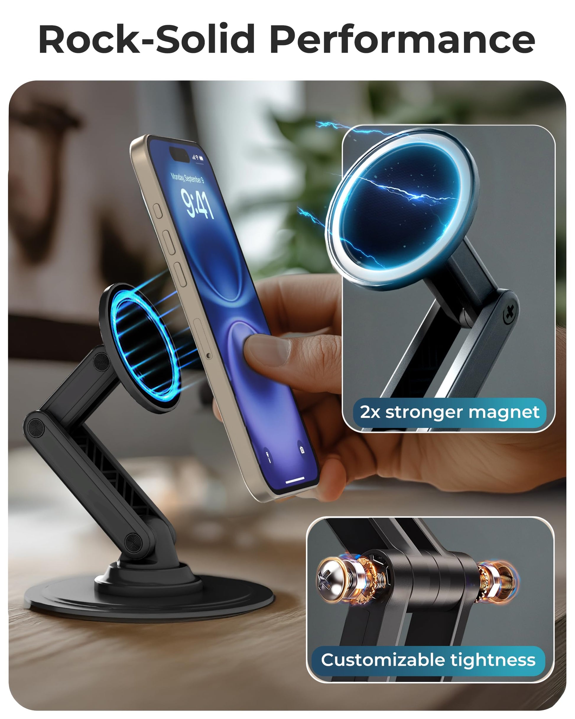 COOPER Mag360, Magnetic Phone Stand for Desk Compatible with MagSafe Phone Holder, 360° Adjustable, iPhone Desk Stand for iPhone 17 Pro Max/16/15/14/13/12, Incl 1 Metal Ring for Other Phones - Black - Medaid International