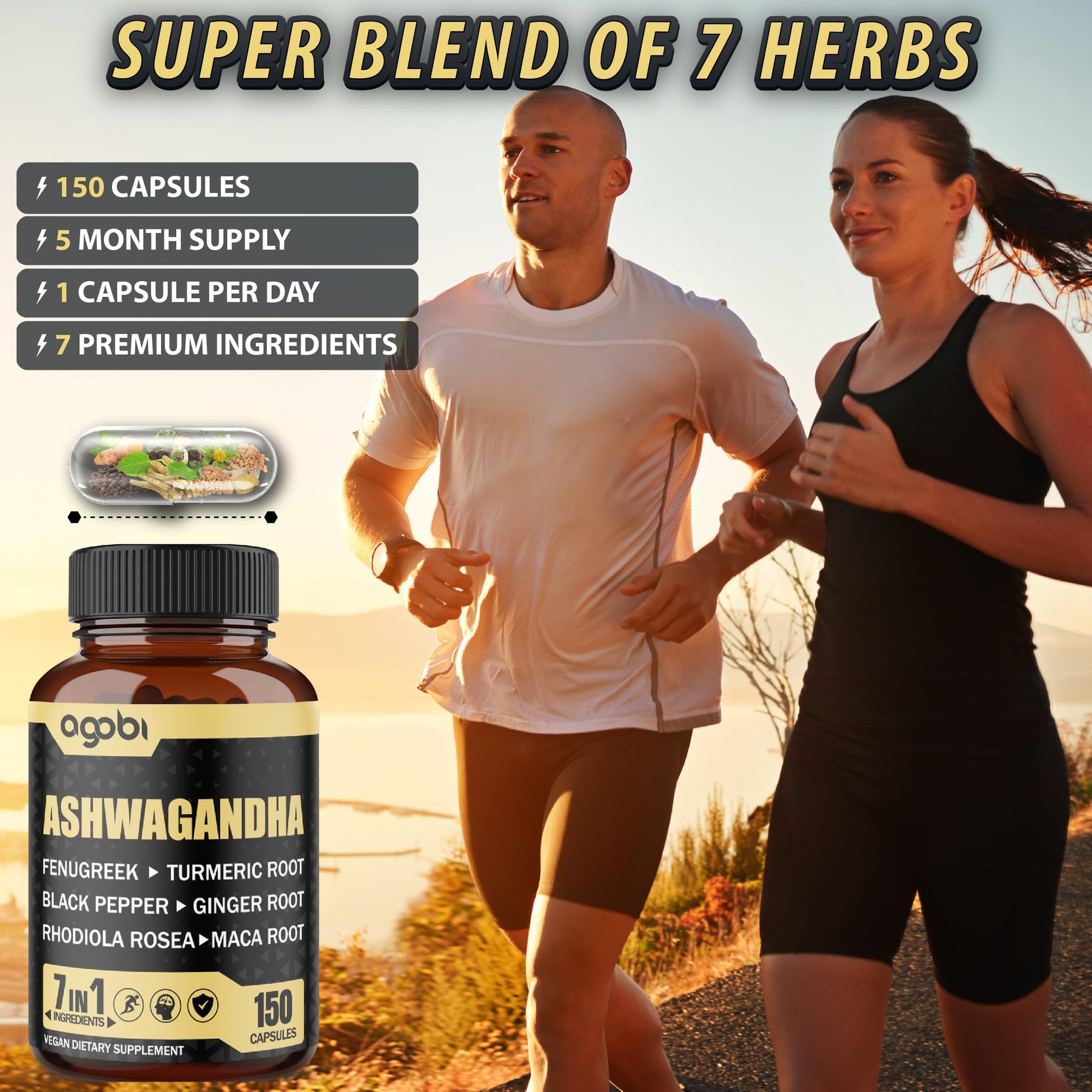 Ashwagandha Extract Capsules 7 Herbal Ingredients 8050 mg - Blended Fenugreek, Maca, Turmeric, Rhodiola, Ginger & Black Pepper - Sleep, Spirit, Immune & Energy Support - 5-Month Supply - Medaid International