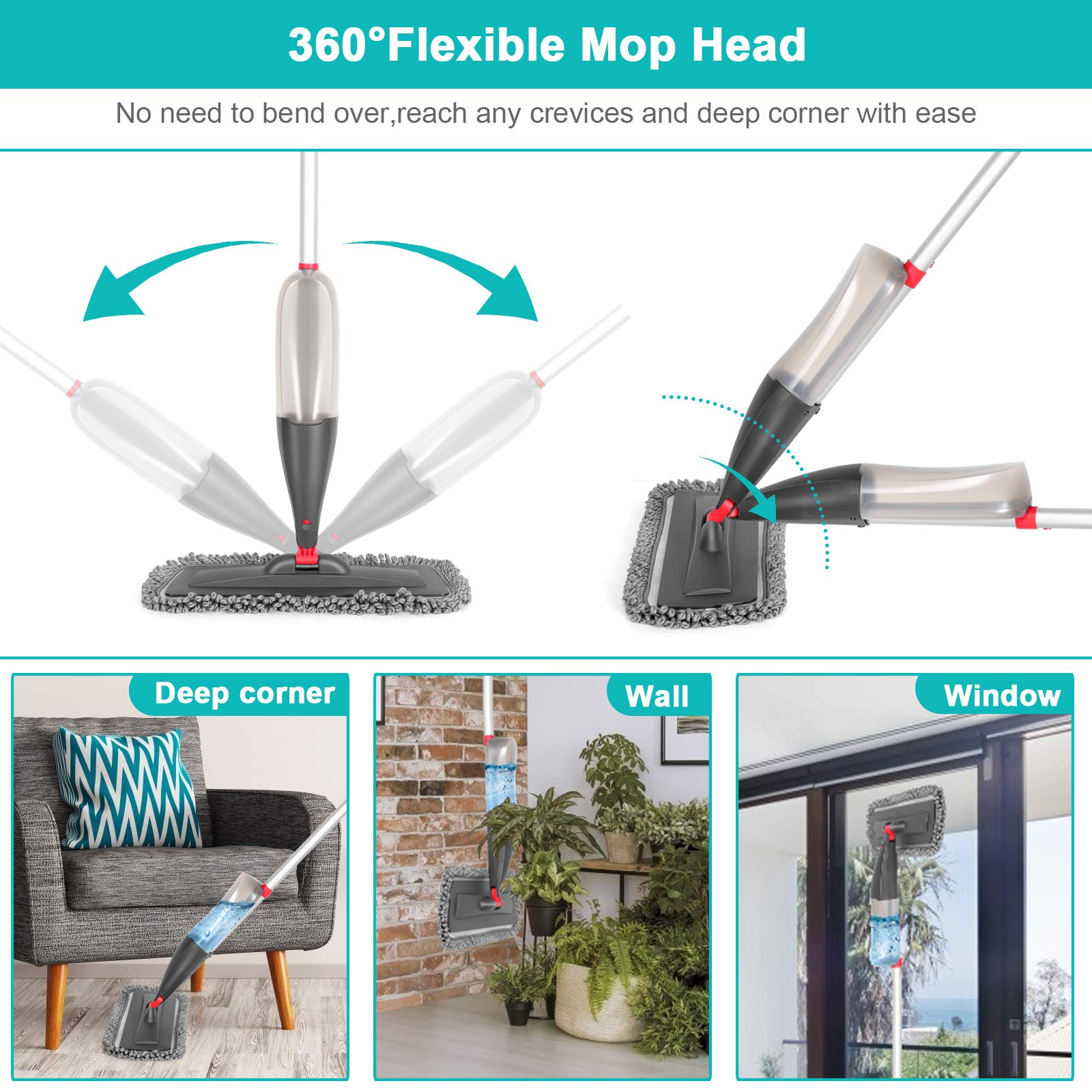 Spray Mop for Floor Cleaning with 3pcs Washable Pads - Wet Dry Microfiber Mop with 800 ml Refillable Bottle for Kitchen Wood Floor Hardwood Laminate Ceramic Tiles Floors Dust Cleaning - Medaid International