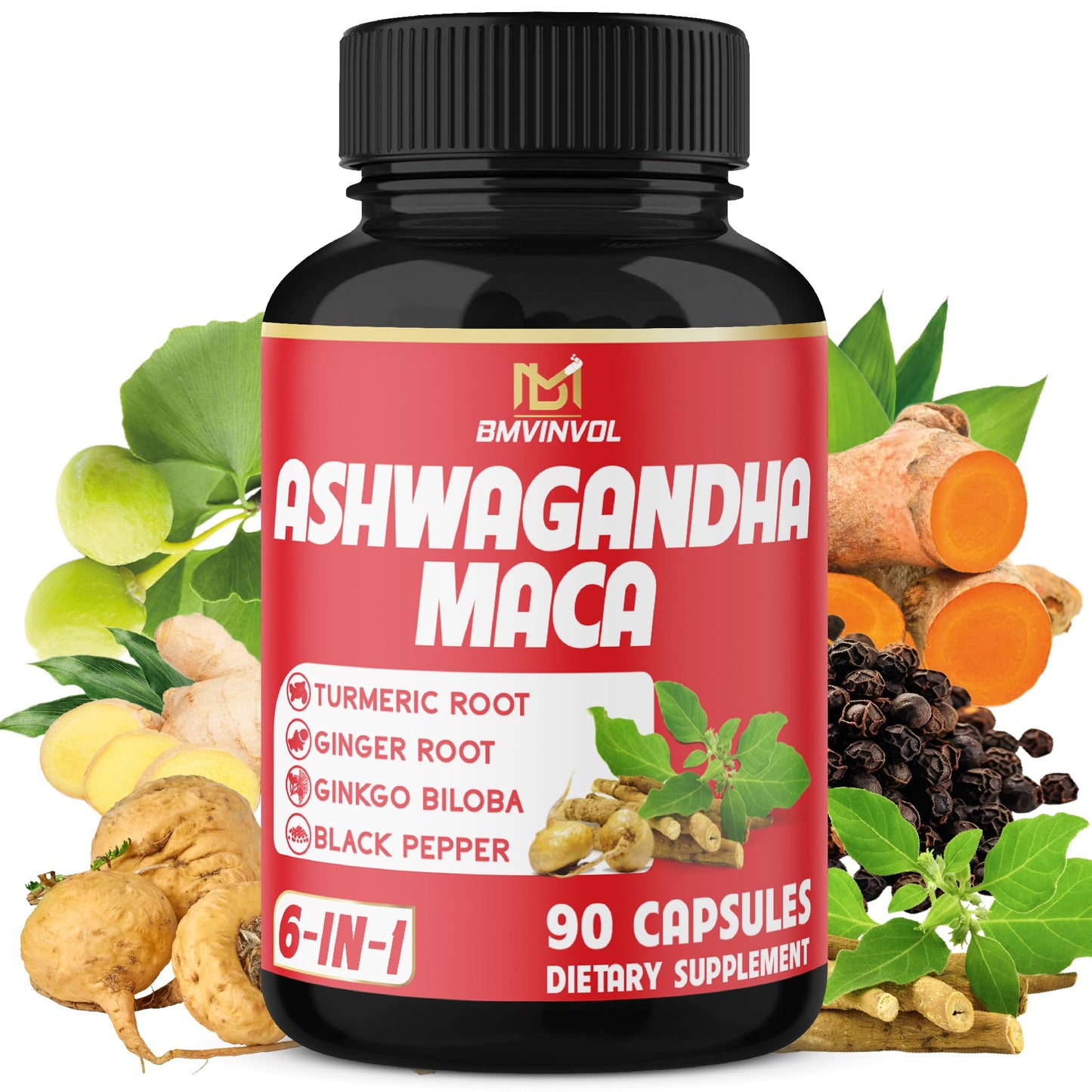 Ashwagandha Maca Root with Turmeric, Ginger, Ginkgo Biloba, Black Pepper - 90 Count - 3 Month Supply - Medaid International