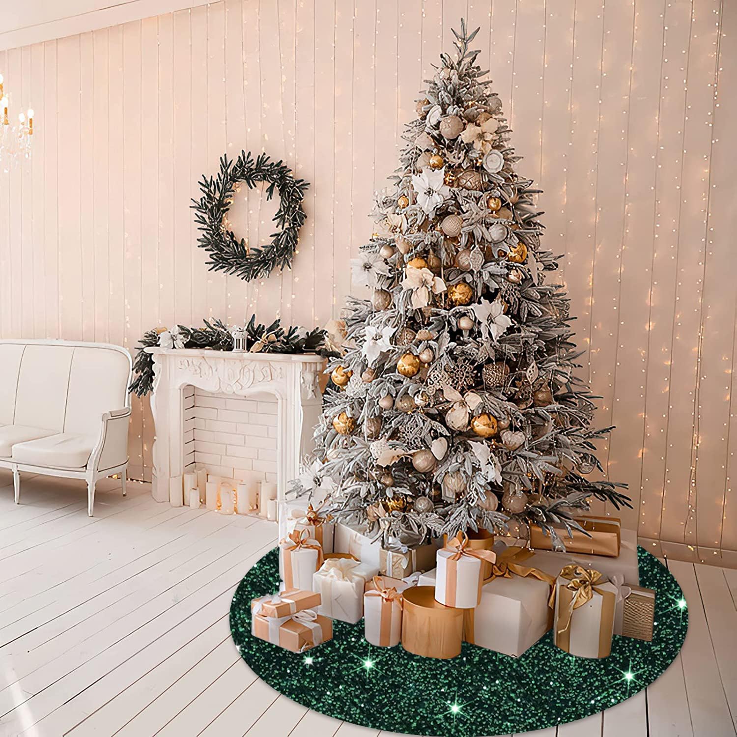 MODFUNS Dark Green Christmas Tree Skirt Sequin Merry Christmas Tree Skirt 36 Inch with Santa Decorations for Tree Velvet Tree Skirt for Kids Xmas Tree Skirt Rustic Tree Mat Green Tree Cover Skirt - Medaid International