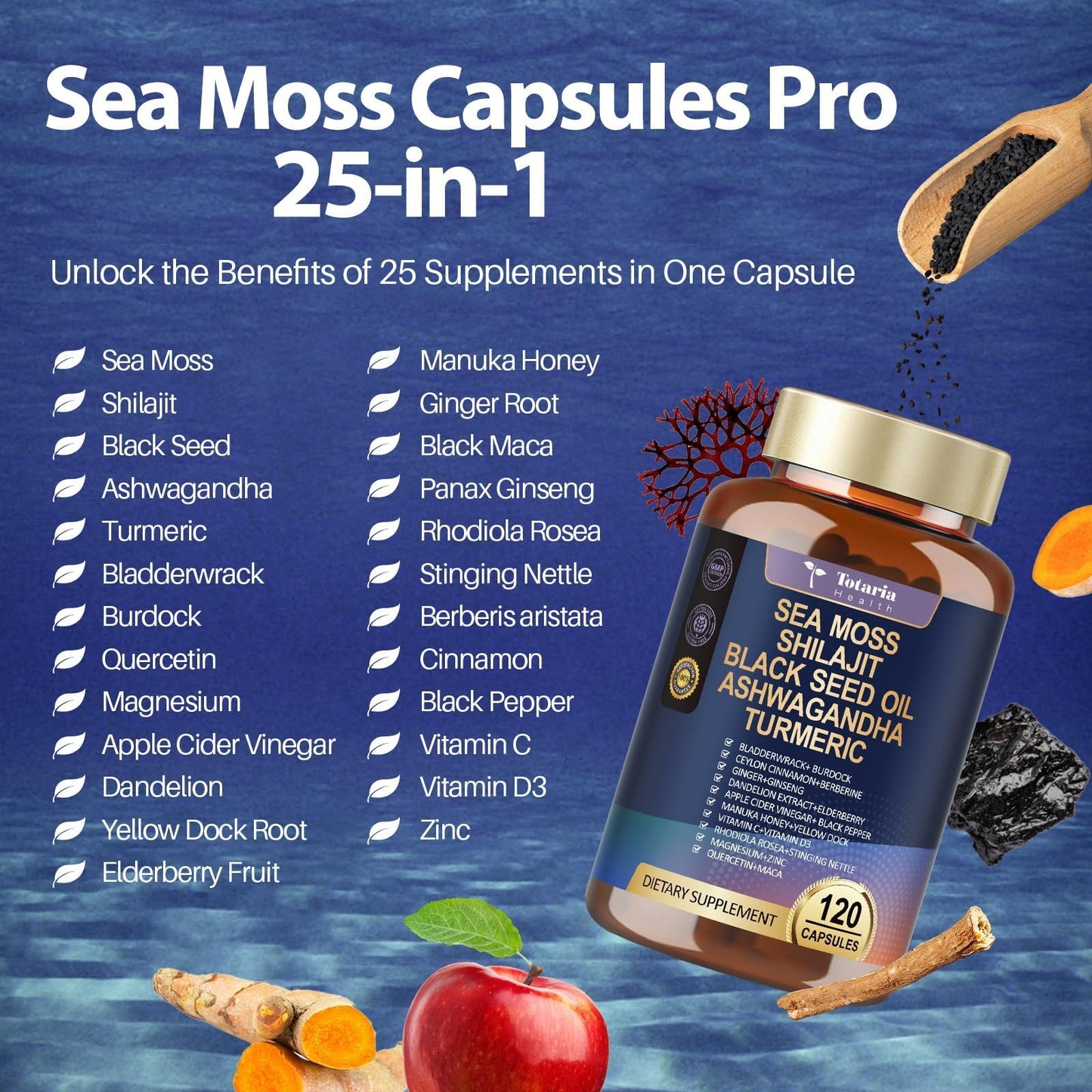25-in-1 Sea Moss Black Seed Oil Ashwagandha Ginger Shilajit Supplement, Sea Moss Capsules Pro with Bladder Burdock Ceylon Cinnamon Berberine ACV Manuka VIT C & D3 for Men Women, 120 Vegan Caps - Medaid International
