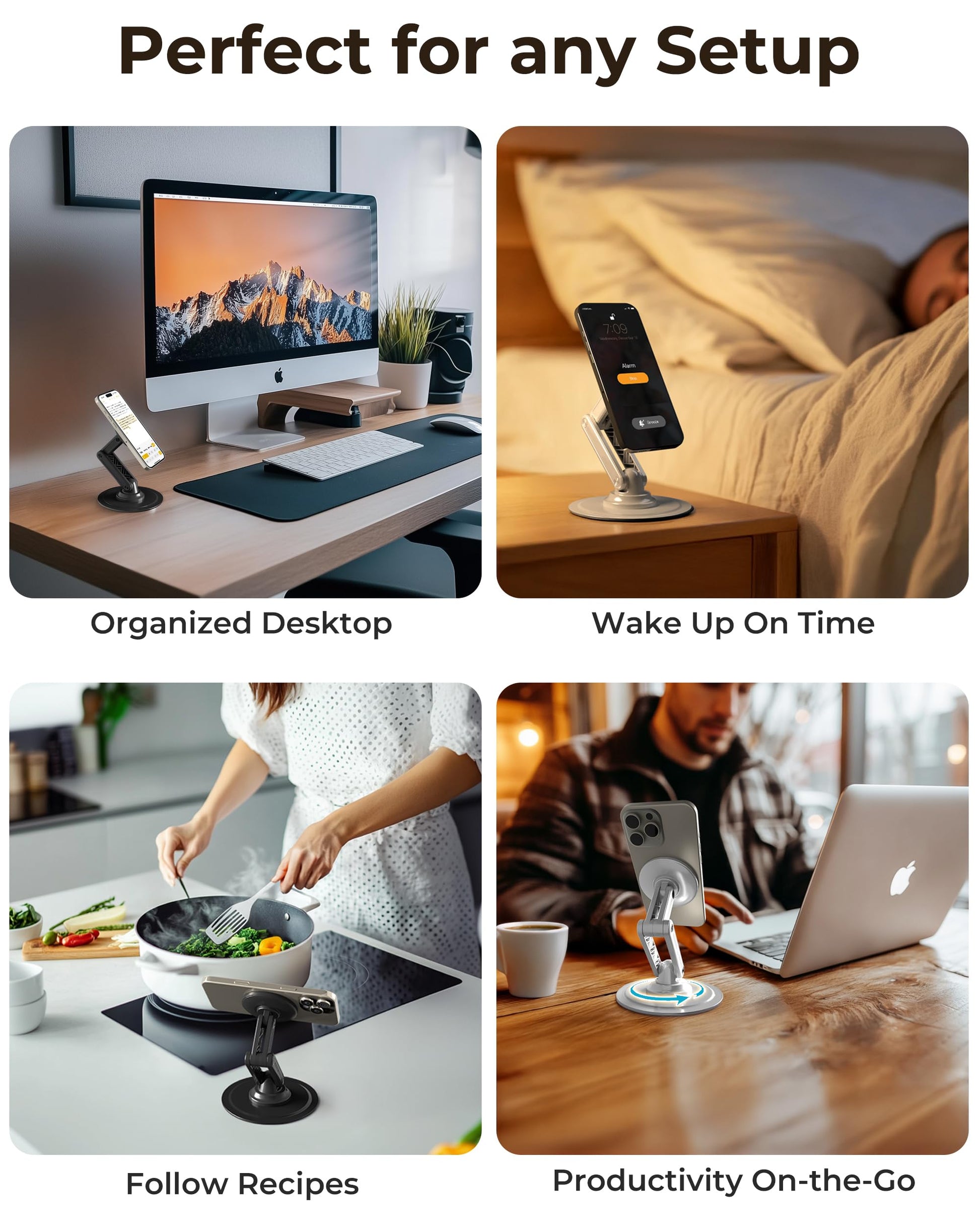 COOPER Mag360, Magnetic Phone Stand for Desk Compatible with MagSafe Phone Holder, 360° Adjustable, iPhone Desk Stand for iPhone 17 Pro Max/16/15/14/13/12, Incl 1 Metal Ring for Other Phones - Black - Medaid International