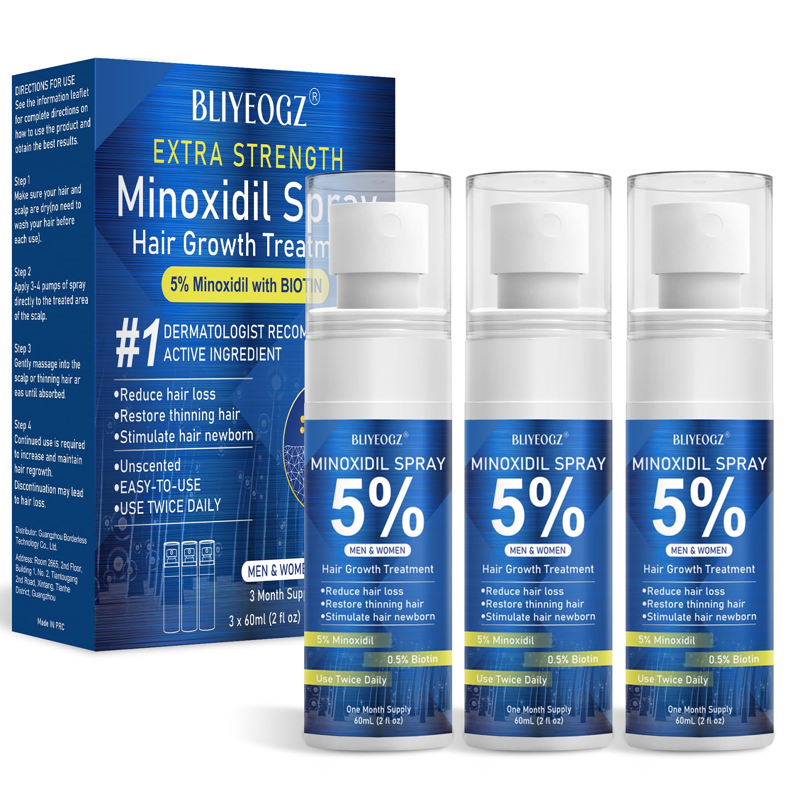 5% Minoxidil Spray for Men and Women, Infused with Biotin, for Hair Regrowth Treatment, Beard Growth, Extra Strength Treatment to Combat Hair Loss and Thinning, 3 Month Supply, 3 Bottles - Medaid International