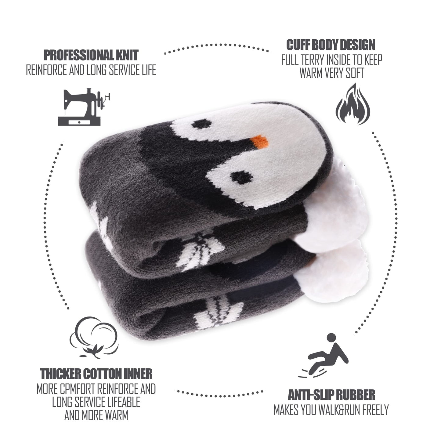 TRUEHAN Kids Girls Boys Slipper Socks Soft Thick Cozy Fuzzy Animal Anti-Slip Winter Thermal Christmas Socks Indoor (Snowflake Penguin, 4-7 Years) - Medaid International