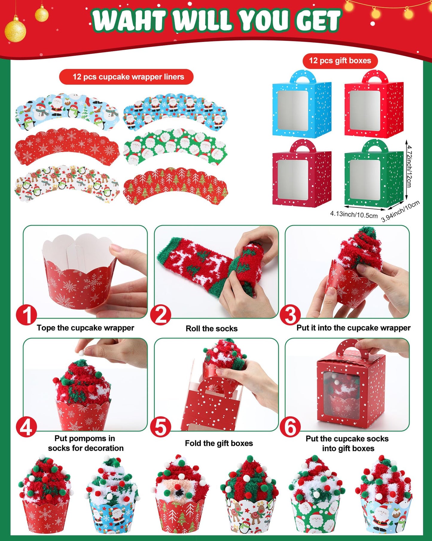 Foaincore 12 Pair Christmas Fuzzy Cupcake Socks Bulk Women Cozy Fluffy Socks Soft Winter Warm Plush Slipper Stocking with Gift Box Xmas Holiday Gifts for Her - Medaid International