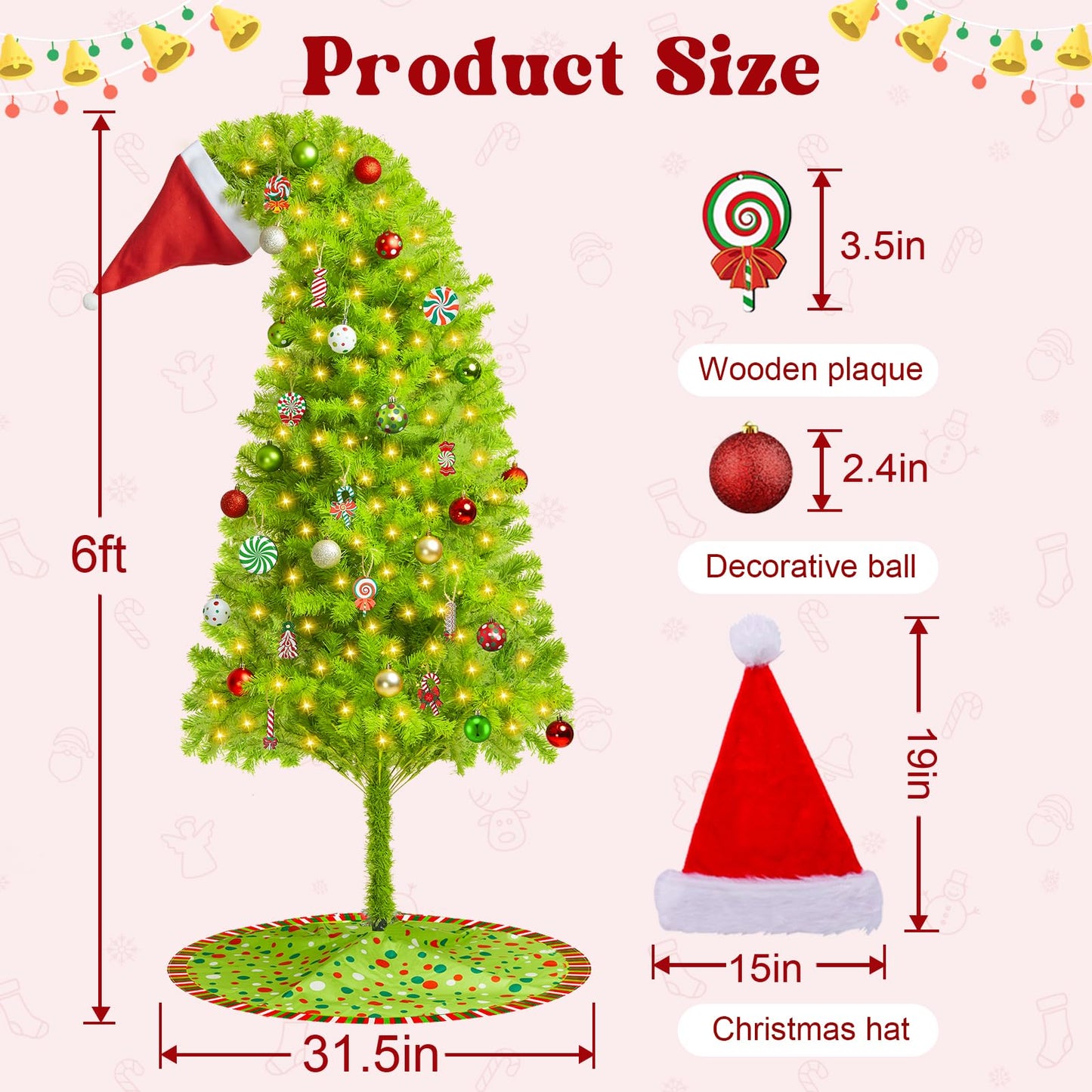 6ft Whimsical Christmas Tree,Bendable Pre-lit Christmas Trees with 200LED Lighted,Includes 1800 Tips,24 Balls,12 Wooden plaques,1 Christmas Hat,1 Tree Skirt - Medaid International