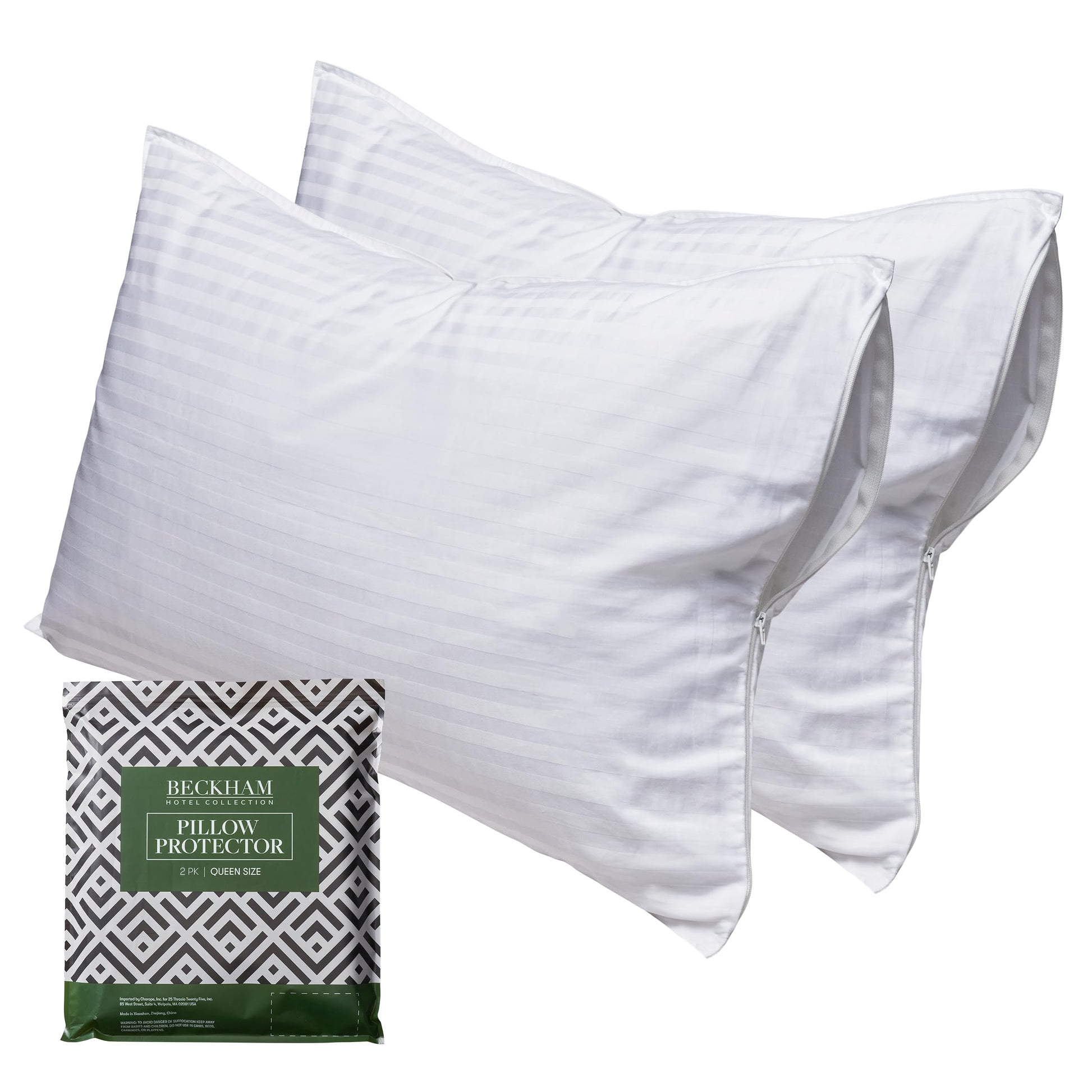 Beckham Hotel Collection Queen Size White Pillow Protector with Zipper Set of 2, Soft and Breathable Cotton Pillow Protector Covers - Medaid International