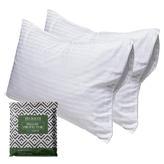 Beckham Hotel Collection Queen Size White Pillow Protector with Zipper Set of 2, Soft and Breathable Cotton Pillow Protector Covers - Medaid International