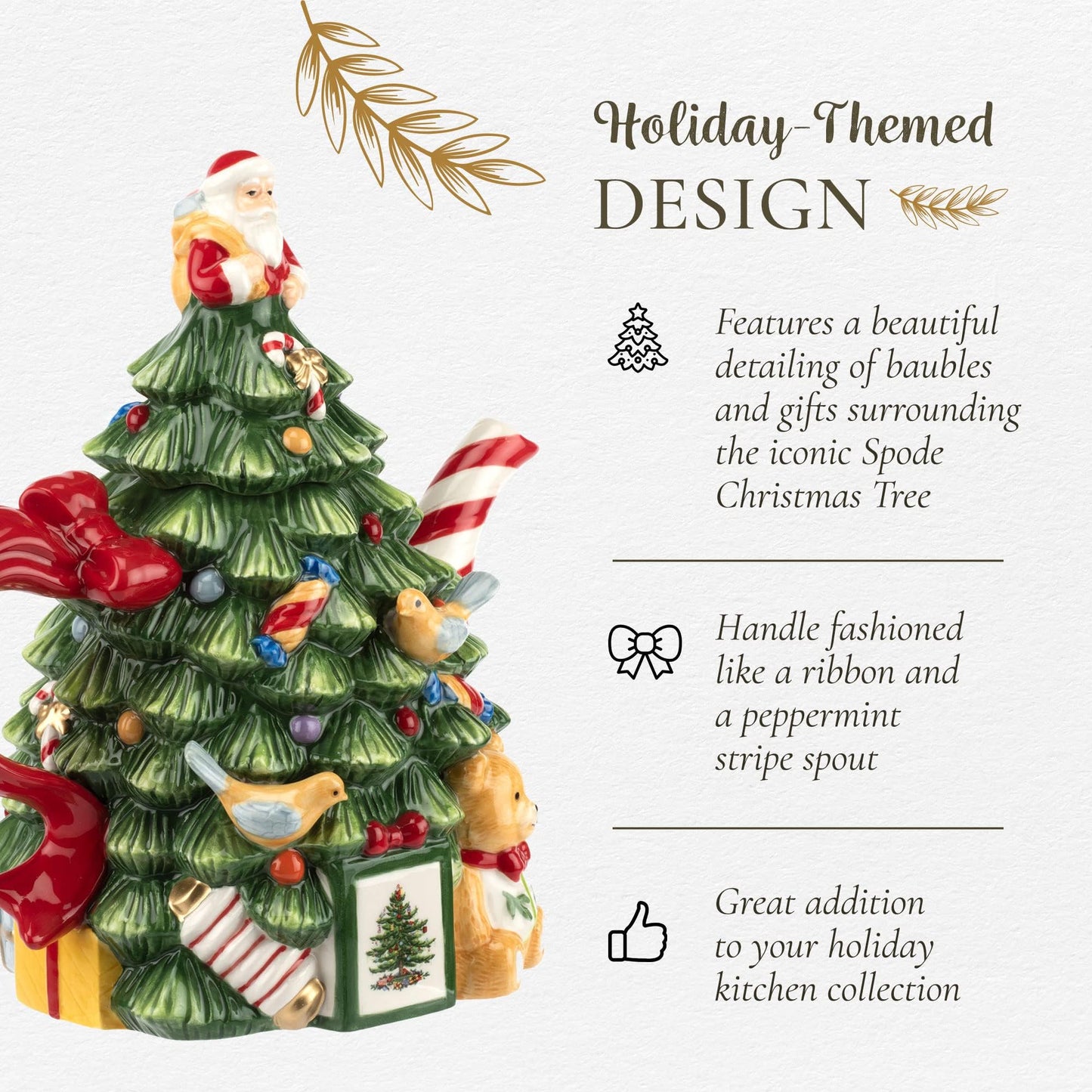 Spode Christmas Tree Figural Teapot - Festive 27 oz Christmas Teapot with Mistletoe Accents, Peppermint Stripe Spout, and Ribbon Handle - Decorative Dolomite Tea Pot for Holiday Tea Parties - Medaid International