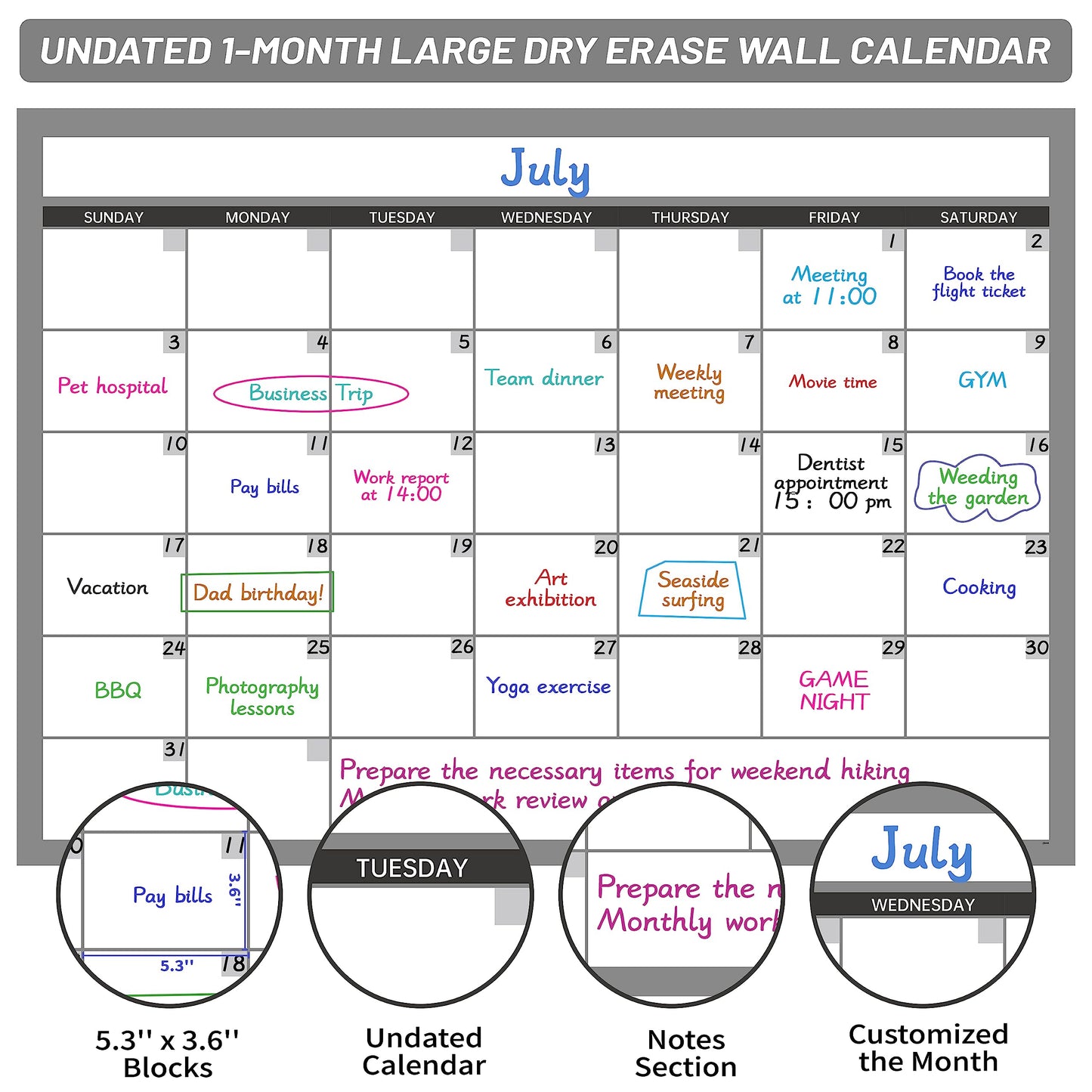 Large Dry Erase Calendar for Wall, Undated 1 Month Wall Calendar, 40" x 28" Erasable & Reusable Laminated Calendar, 10 Round Stickers, Great Layout Wall Calendar Monthly for Home Office School - Medaid International