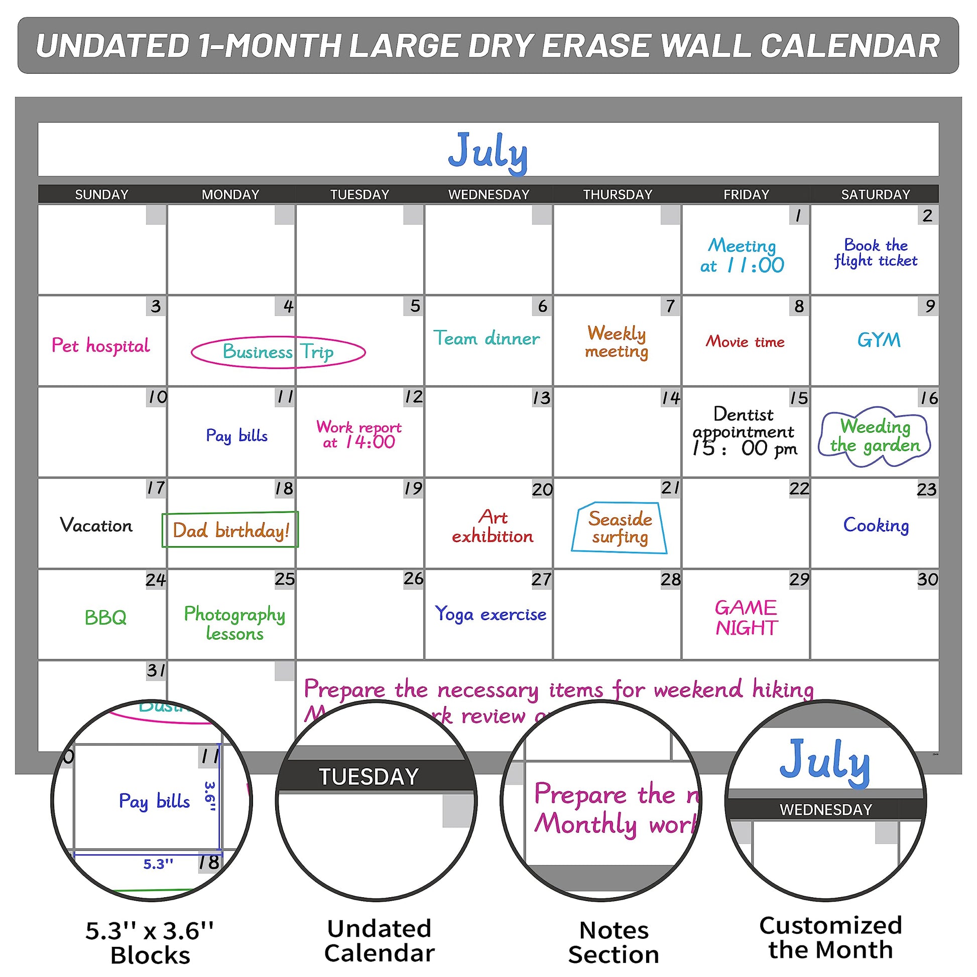 Large Dry Erase Calendar for Wall, Undated 1 Month Wall Calendar, 40" x 28" Erasable & Reusable Laminated Calendar, 10 Round Stickers, Great Layout Wall Calendar Monthly for Home Office School - Medaid International