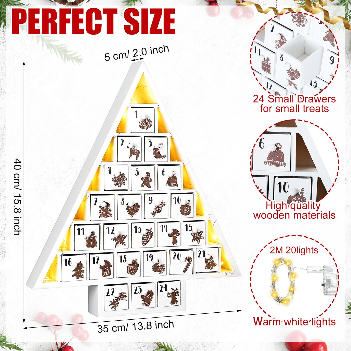Cinnvoice LED Wooden Christmas Advent Calendar with 24 Drawers, Tree Shaped Countdown to Christmas Refillable Wooden Advent Calendar with LED Lights, Reusable Xmas Gift for Family Adults Friend, White - Medaid International
