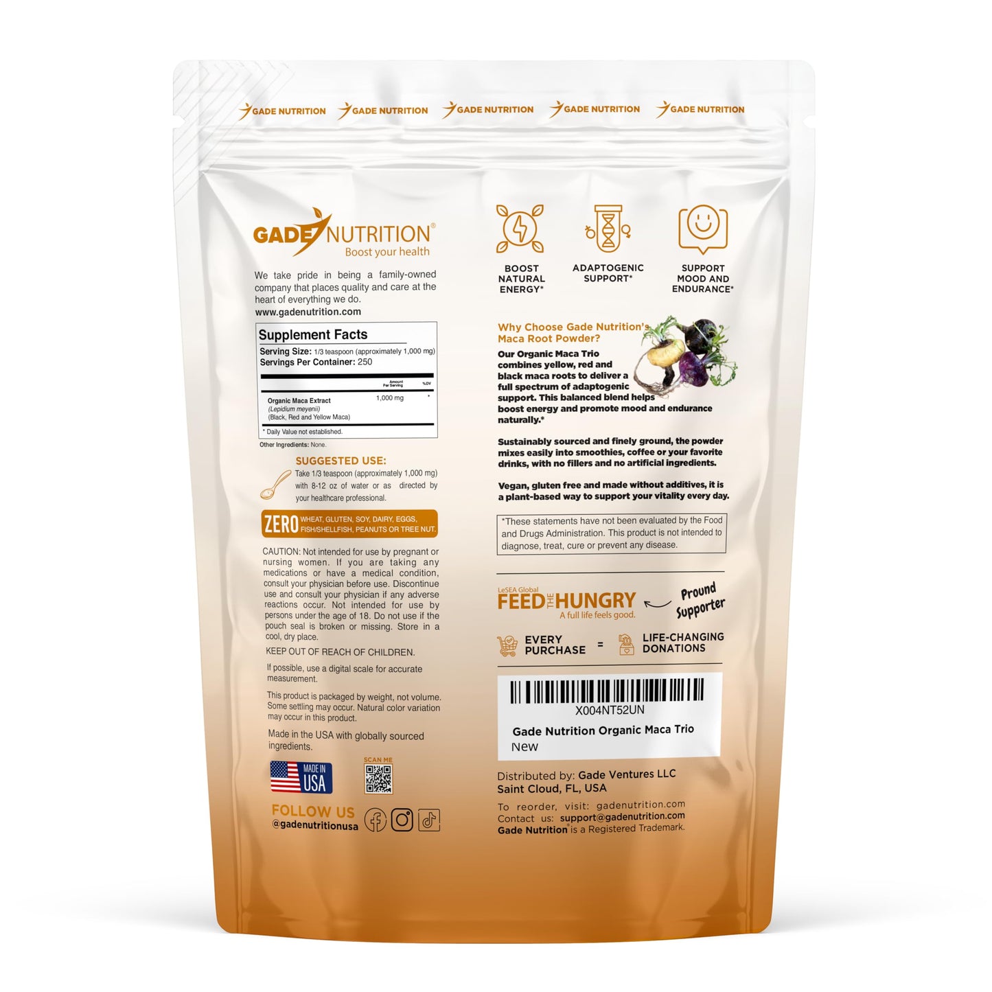 Gade Nutrition Organic Maca Root Trio Powder - Yellow, Red and Black Maca | 250g (8.8 oz) | Non-GMO, Gluten-Free, Dairy Free, Vegan | USA Ma - Medaid International