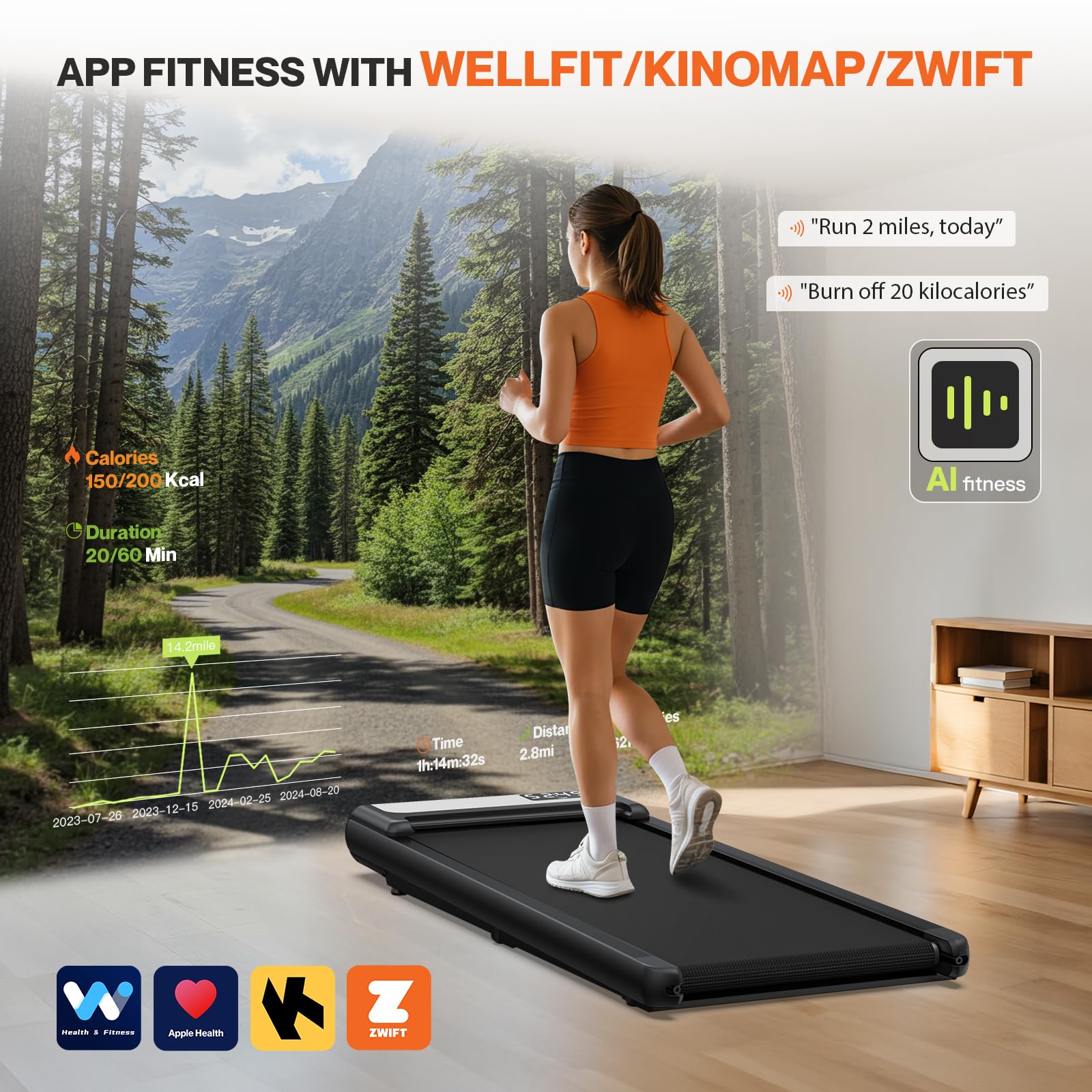 COZYINN Walking Pad Treadmill, Under Desk Treadmills with 10% Incline for Home Office Small,Quiet 2.5HP Voice Remote Control Portable Treadmills Work with WELLFIT KINOMAP,Small Walking Jogging Machine - Medaid International