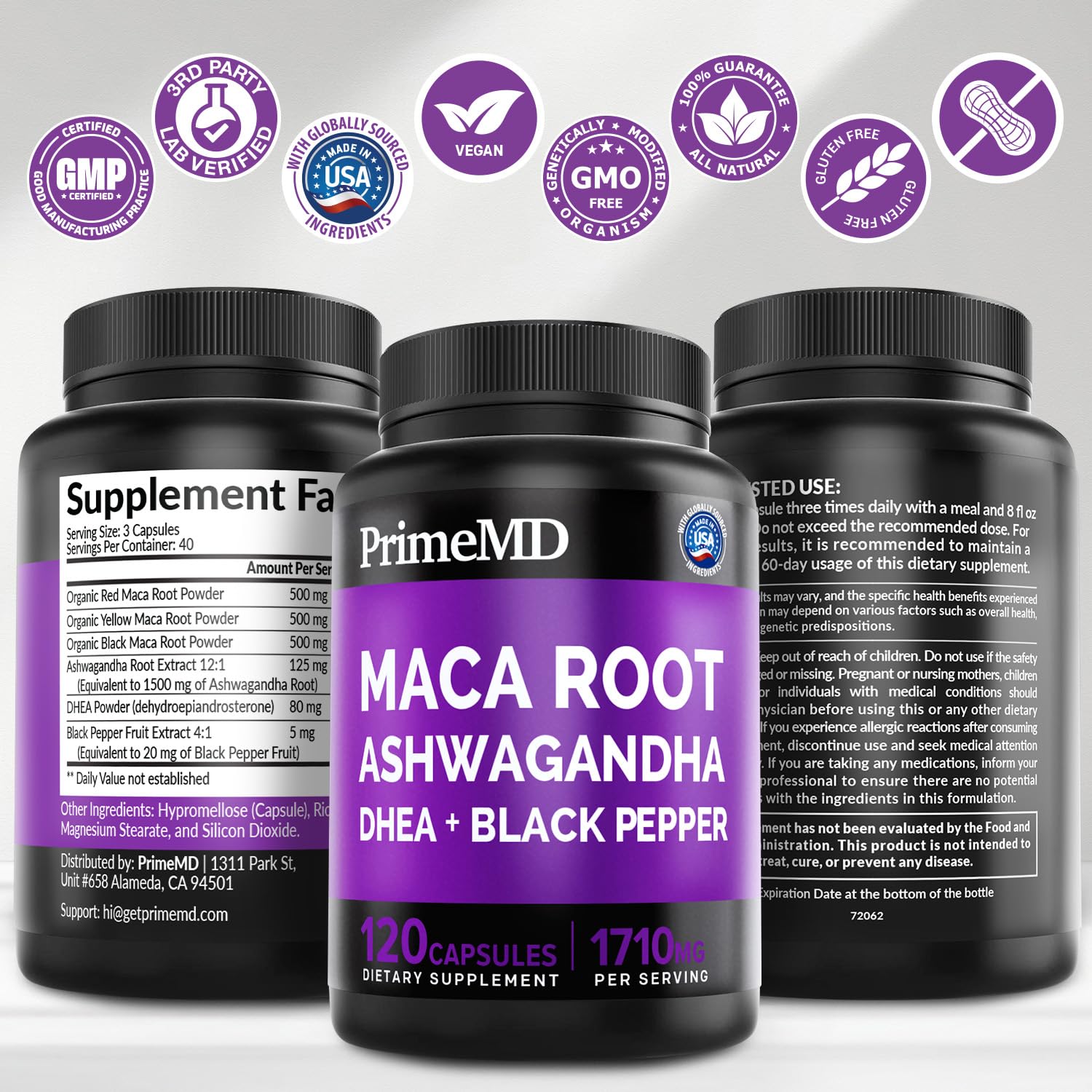 6-in-1 Organic Maca Root Ashwagandha Capsules 1710mg with DHEA and Black Pepper Fruit Extract for Women and Men - Black Maca Supplement for Stamina, Bone and Mood Support Supplement, 120 count - Medaid International
