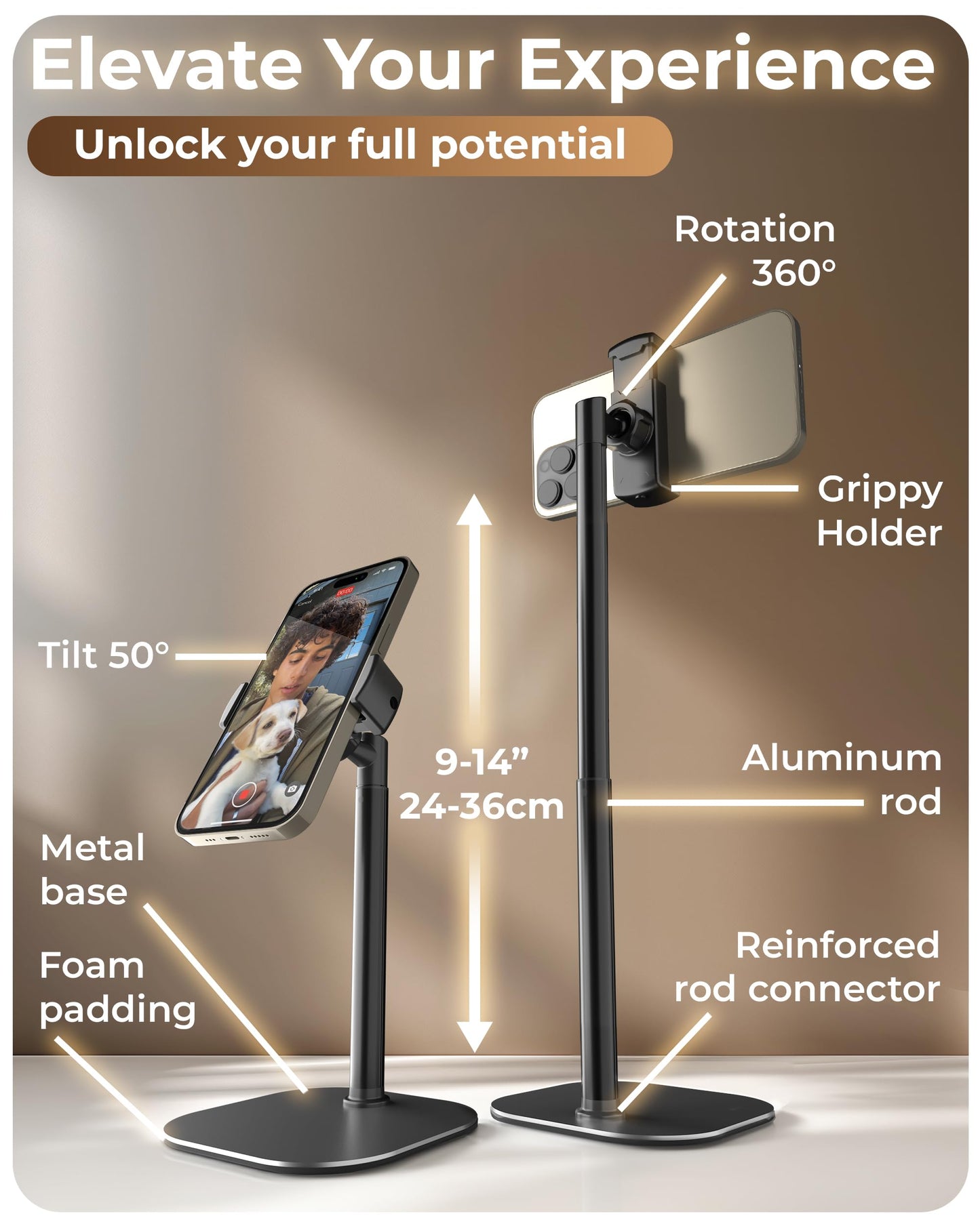 COOPER ChatStand, Adjustable Cell Phone Stand for Desk, Phone Stand for Recording, iPhone Holder for Filming, Small Tripod for iPhone, Fits Samsung, Android Smartphones - Night Black - Medaid International