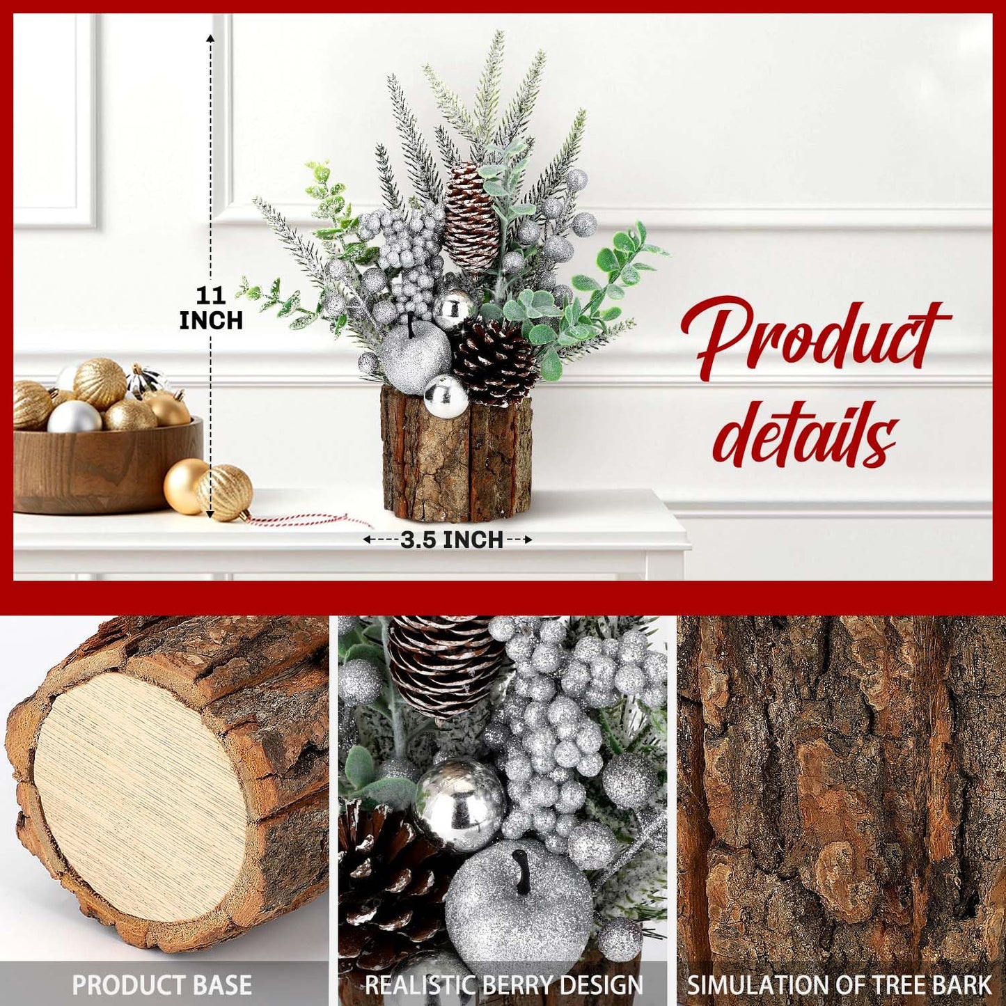Small Christmas Tree Tabletop Artificial Mini Christmas Tree Decorations with Holiday Ornaments Red Berry Pine Cone Greenery for Home Indoor Fireplace Mantel Xmas Decor (Tree Stump-Silver) - Medaid International