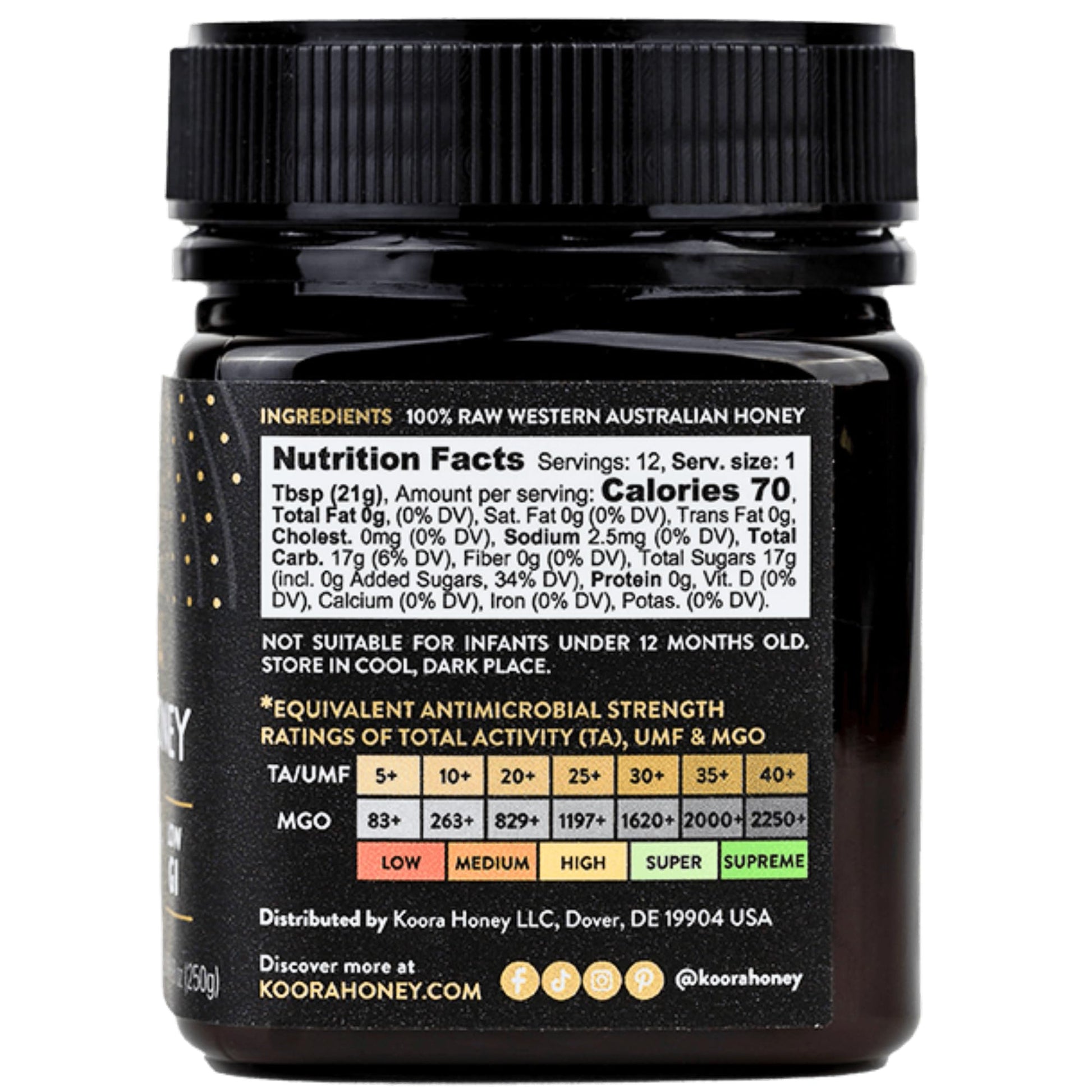 KOORA Jarrah Honey TA 35+ (MGO 2000+ Manuka Honey Rating Equiv.) Low GI, Raw Medicinal Honey for Daily Health & Immune Support, from the Wild Ancient Forests of Western Australia 8.8 oz - Medaid International