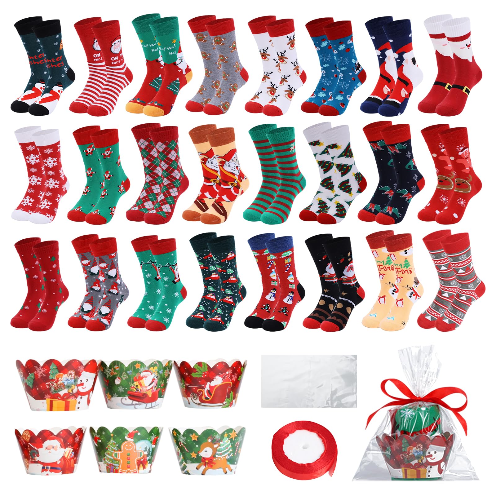 EUBUY 24 Pairs Christmas Cupcake Socks DIY Gift, Christmas Socks Warm Soft Xmas Crew Sock for Women Men Girls Gift Packaging - Medaid International