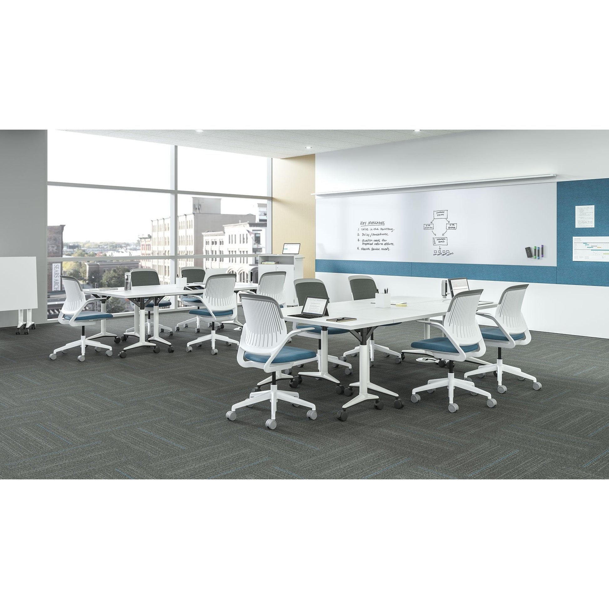 Steelcase Cobi Office Chair: Arms with Soft Arm Caps, White Frame, and Graphite Fabric with Standard Carpet Casters - Medaid International