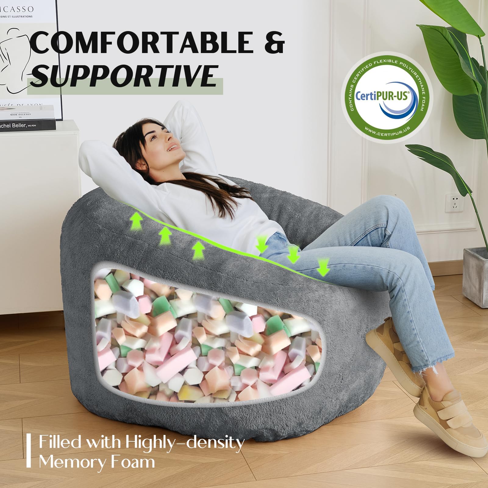 SHOUREN Large Bean Bag Chair,Sherpa Fabric Bean Bag Couch with Backrest,Comfy Bean Bag Sofa for Adults/Teens,Extra Soft Memory Foam Floor Sofa,Dark Grey - Medaid International