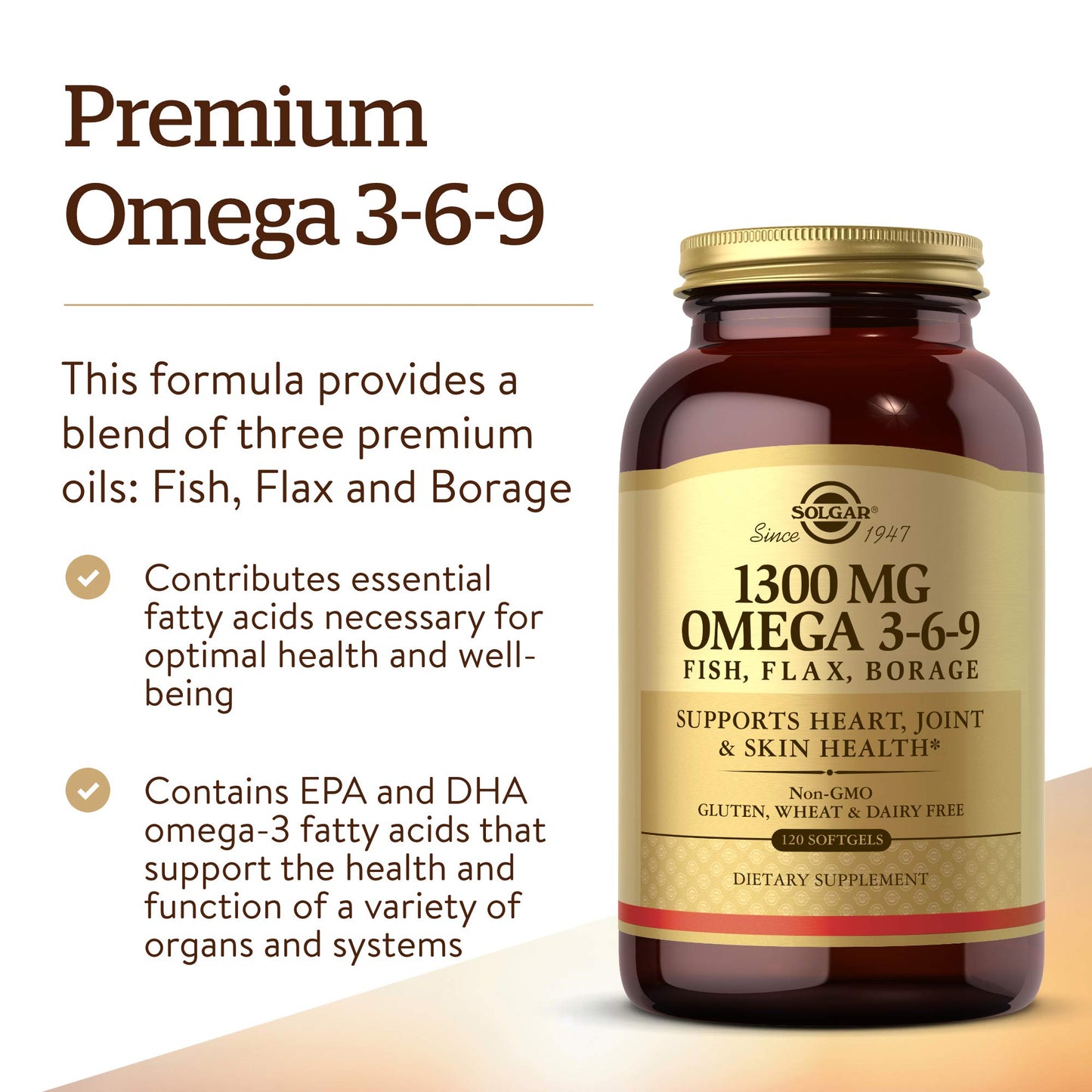 Solgar 1300 mg Omega 3-6-9, 120 Softgels - Fish Oil Supplement - Support for Joint & Skin Health - Includes Flaxseed & Borage - Contains EPA & DHA Omega 3 Fatty Acids - 40 Servings - Medaid International