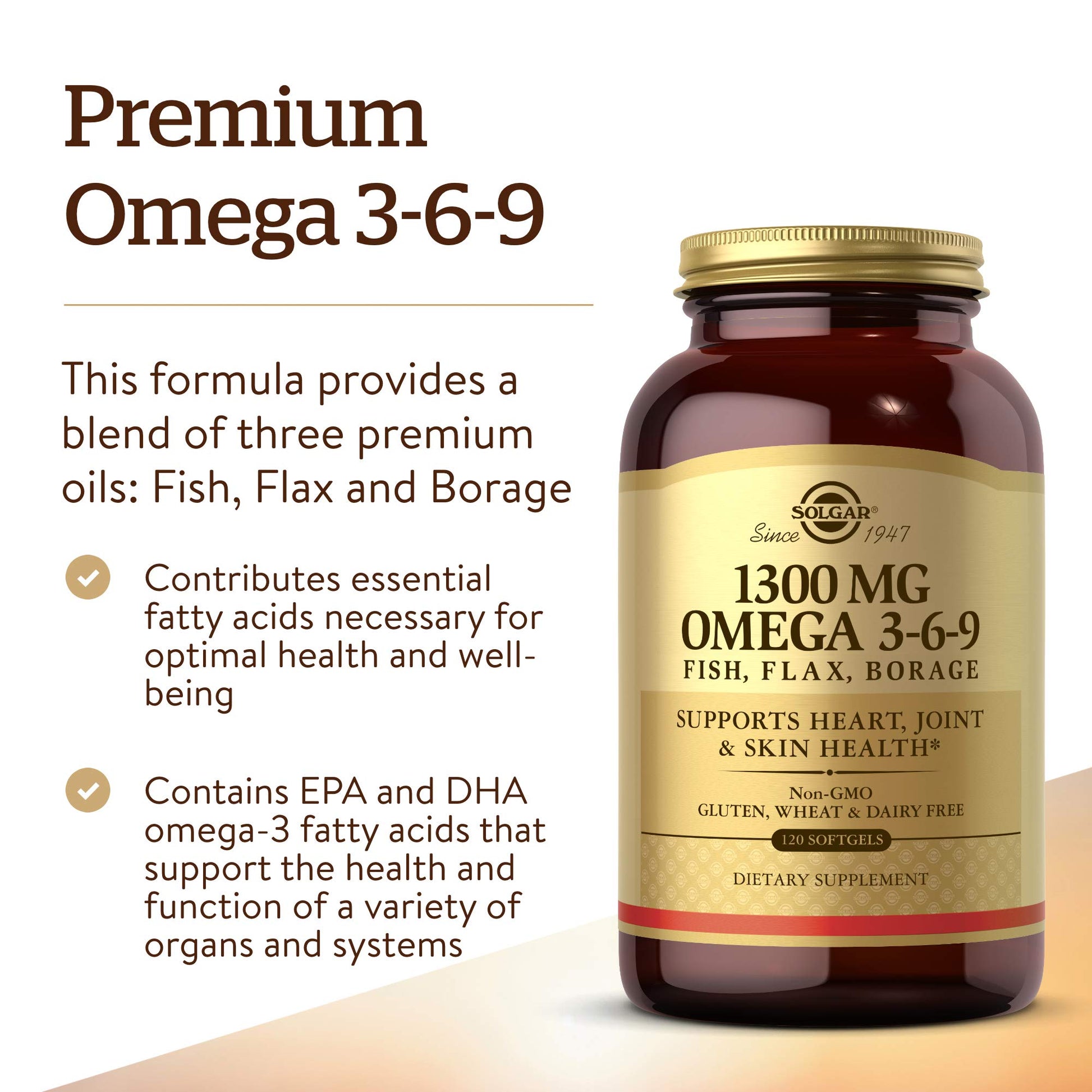 Solgar 1300 mg Omega 3-6-9, 120 Softgels - Fish Oil Supplement - Support for Joint & Skin Health - Includes Flaxseed & Borage - Contains EPA & DHA Omega 3 Fatty Acids - 40 Servings - Medaid International