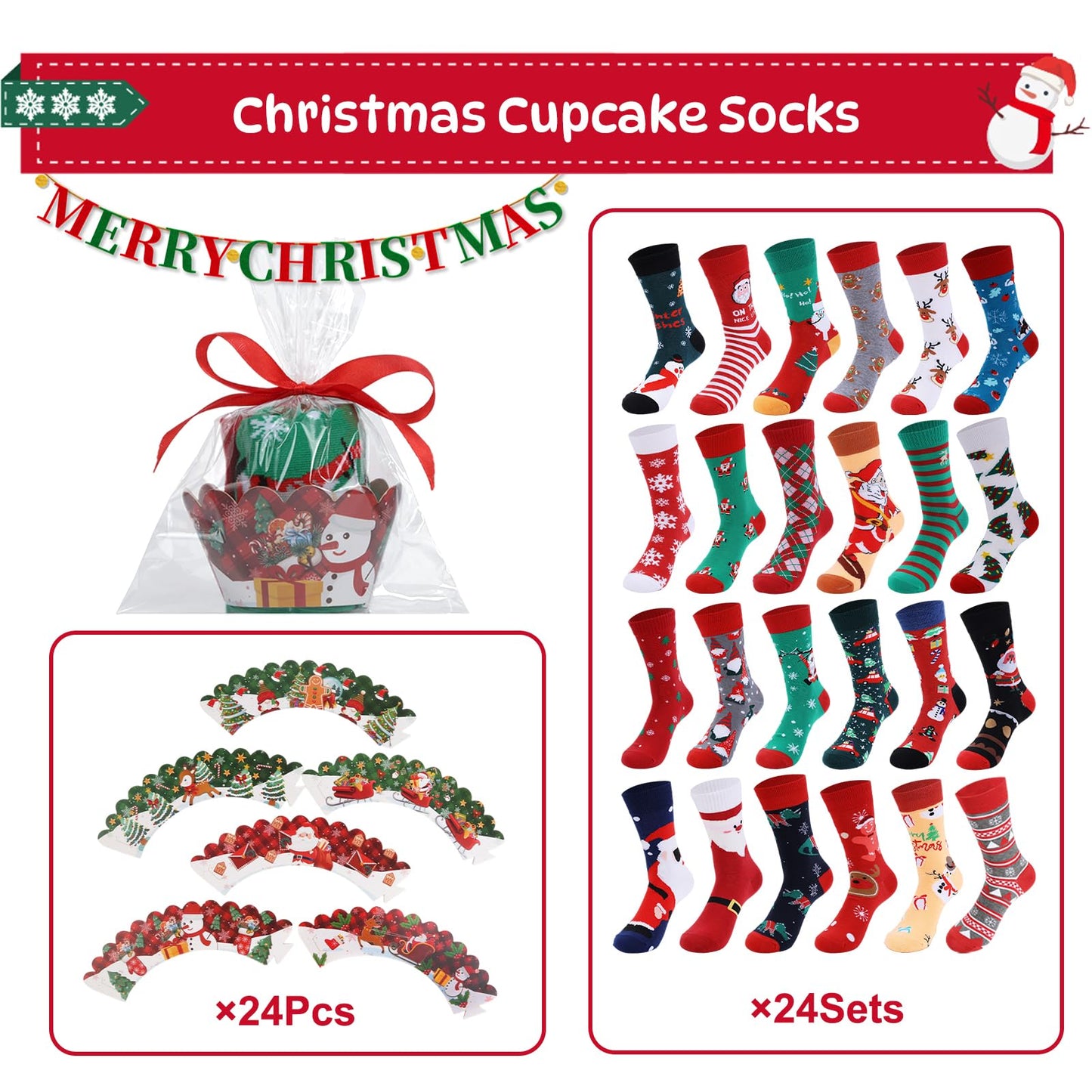 EUBUY 24 Pairs Christmas Cupcake Socks DIY Gift, Christmas Socks Warm Soft Xmas Crew Sock for Women Men Girls Gift Packaging - Medaid International