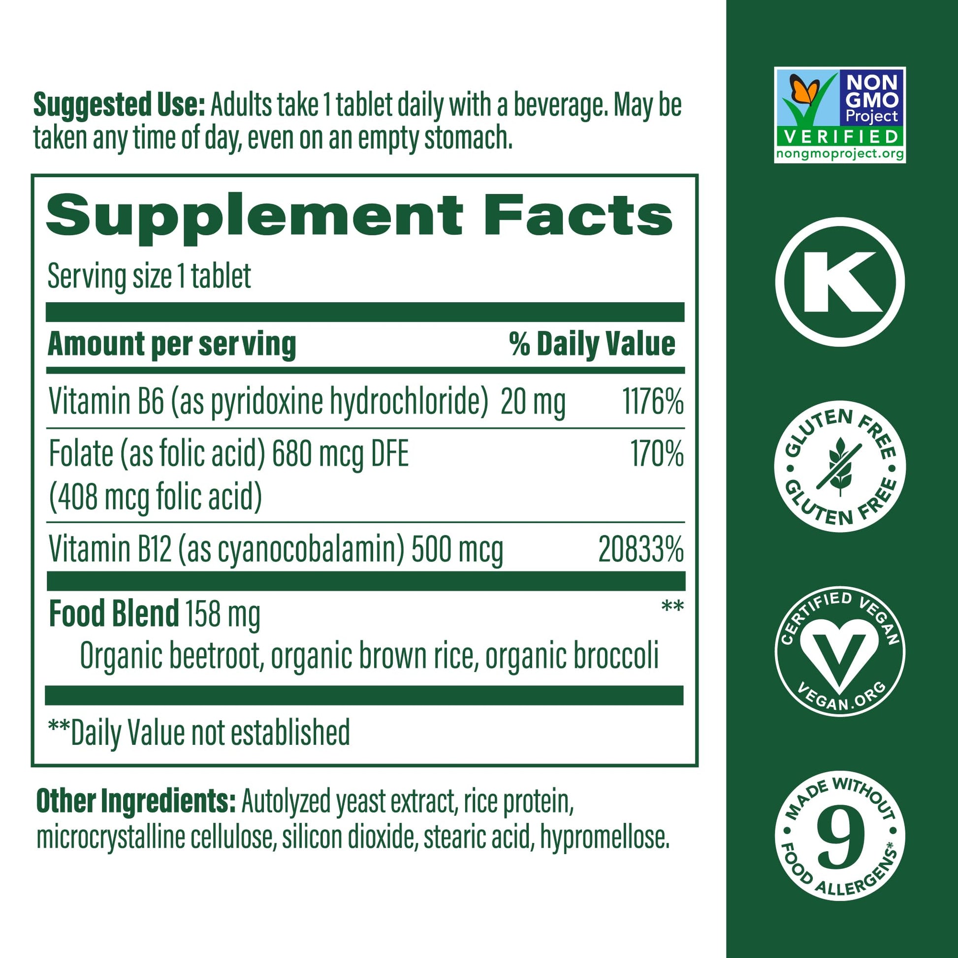 MegaFood Vegan Vitamin B12, Vitamin B Supplement with Vitamin B6, B12 Vitamins, and Folic Acid, Supports Cellular Energy Production, Nervous System Health & Cardiovascular Function - 30 Tablets - Medaid International