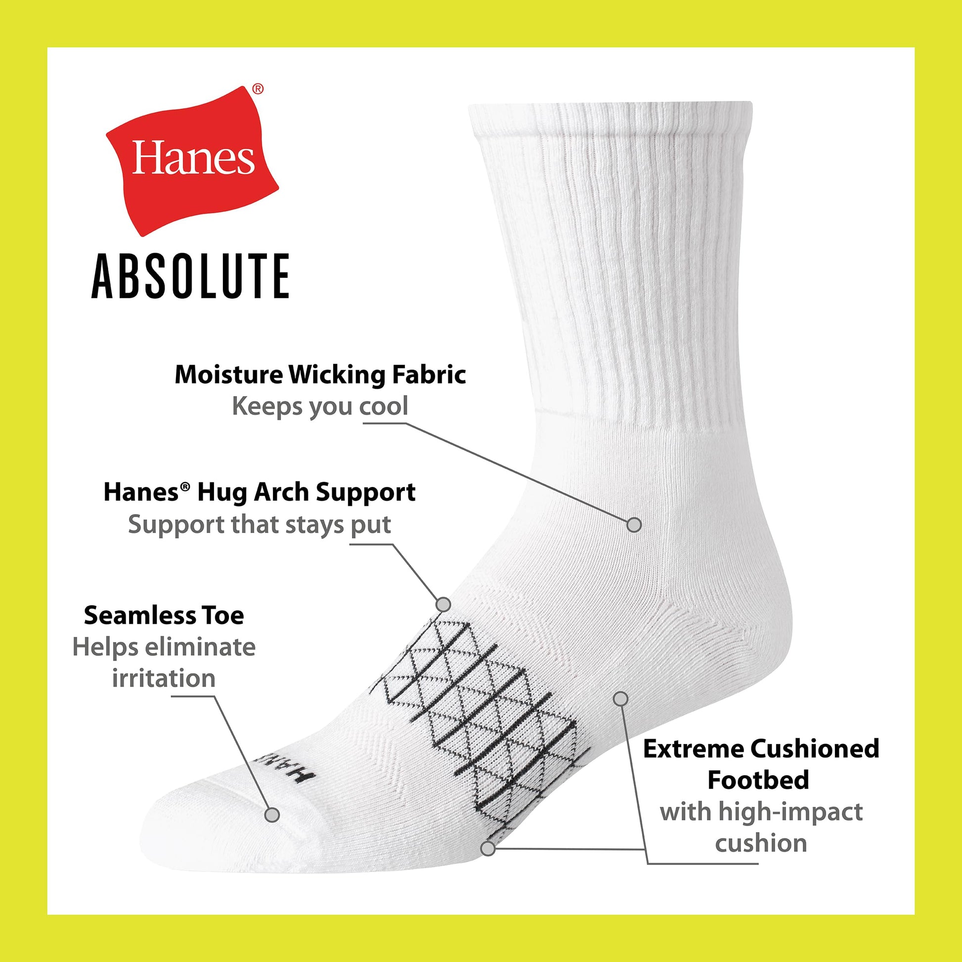 Hanes Men's Absolute Active Cushioned Crew, Moisture Wicking Socks, Seamless Toe, 4-Pack, White, 6-12 - Medaid International