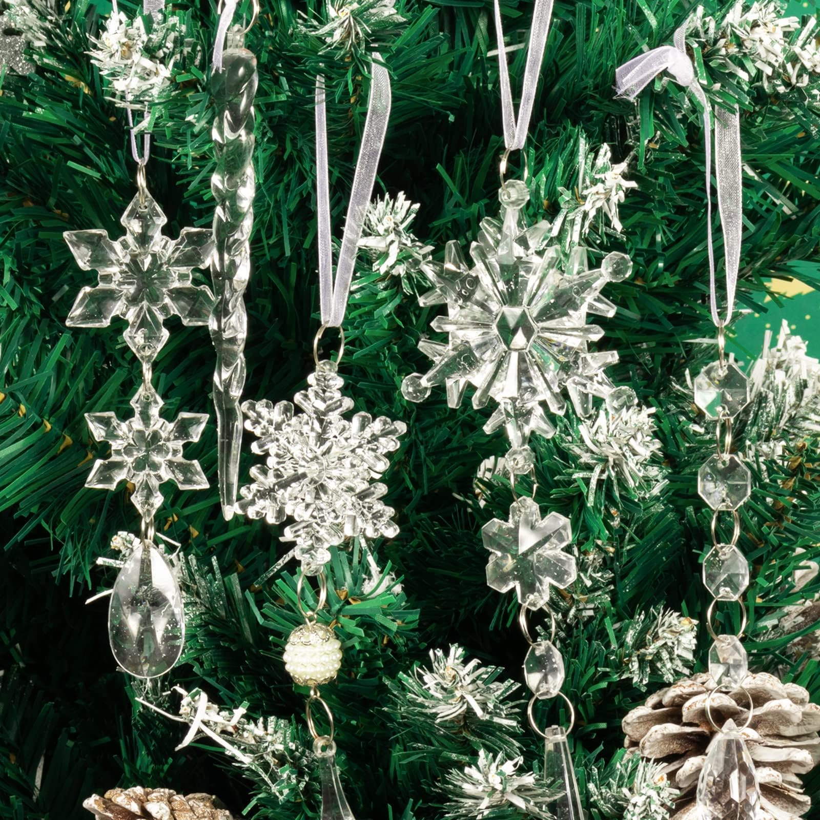 18pcs Christmas Tree Decoration Crystal Ornaments - Hanging Acrylic Christmas Snowflake Icicle Drop Crystal Ornaments for Xmas Tree Winter New Year Party Supplies - Medaid International