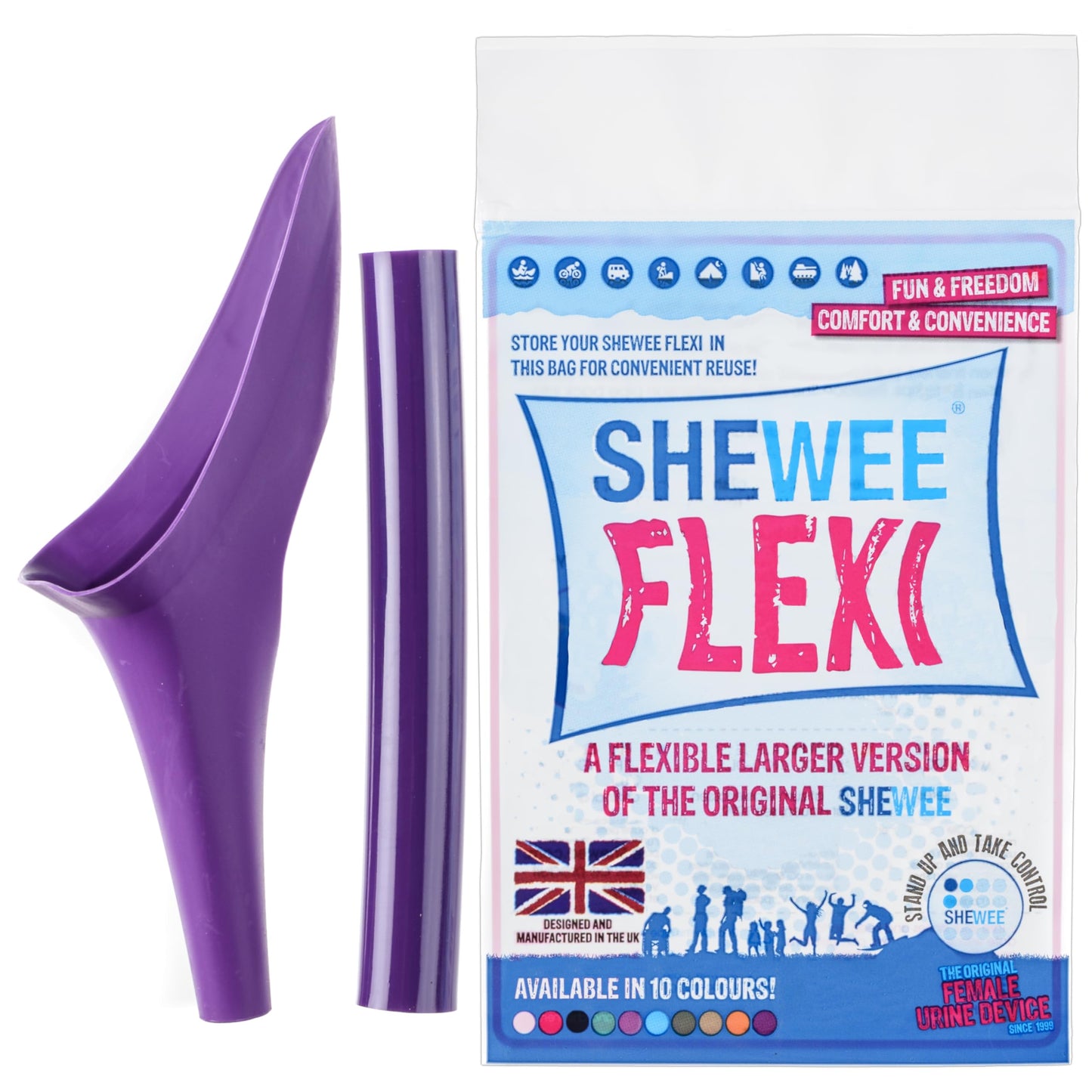 SHEWEE Flexi – The Original Female Urinal – Made in The UK – Reusable, Flexible & Portable Urination Device. Festival, Camping, Car, Hiking Essentials for Women. Stand to Pee Funnel – Purple - Medaid International