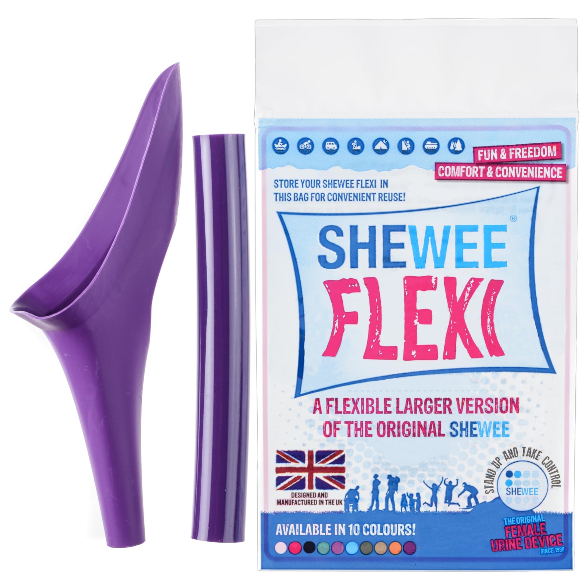 SHEWEE Flexi – The Original Female Urinal – Made in The UK – Reusable, Flexible & Portable Urination Device. Festival, Camping, Car, Hiking Essentials for Women. Stand to Pee Funnel – Purple - Medaid International