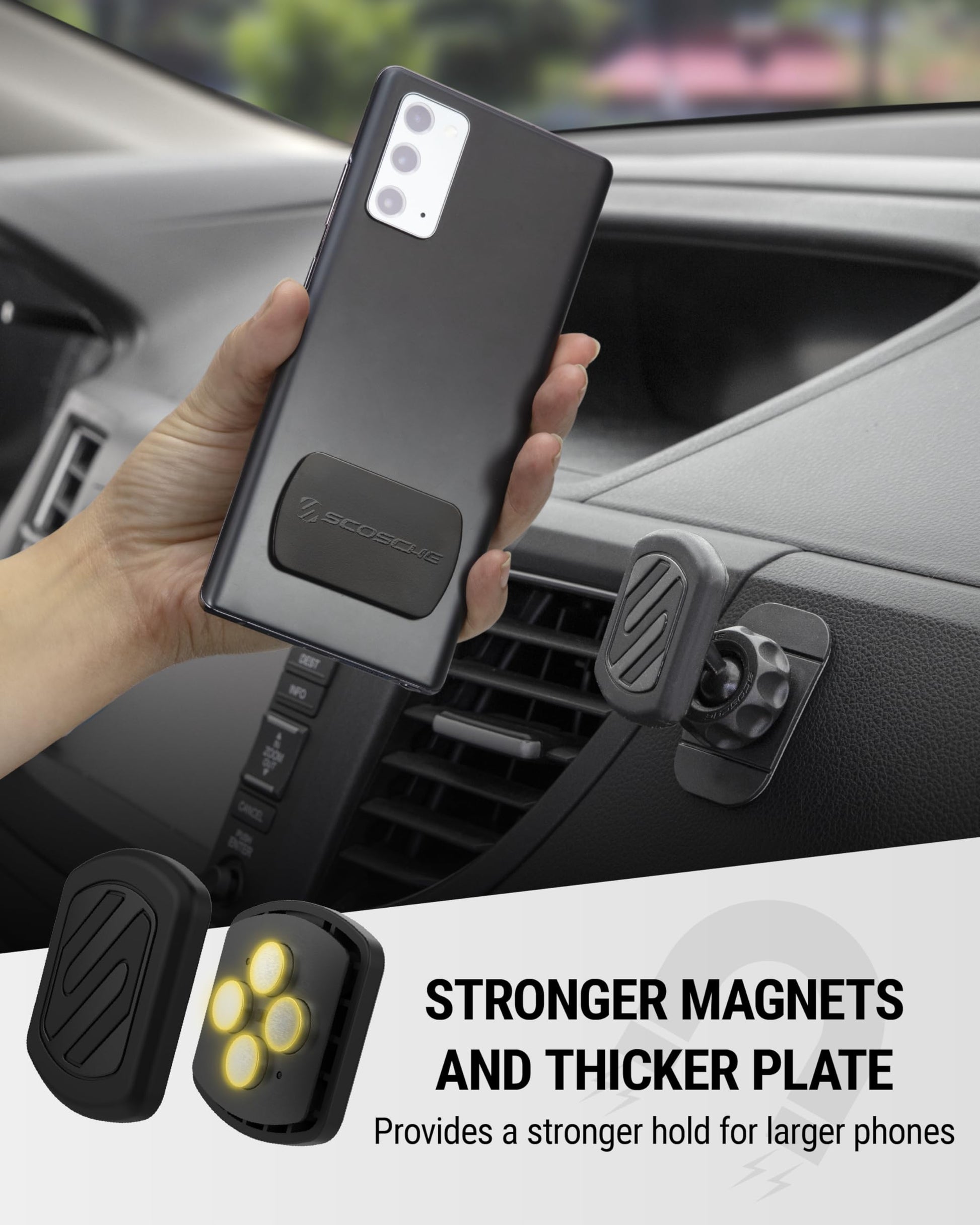 Scosche MXDM Magnetic Phone Holders for Your Car, Dashboard Cell Phone Holder with Extra Strong Magnet and Thick Metal Plate, Car Mount Cellphone Stand Compatible with iPhone, Samsung and More, 2 Pack - Medaid International
