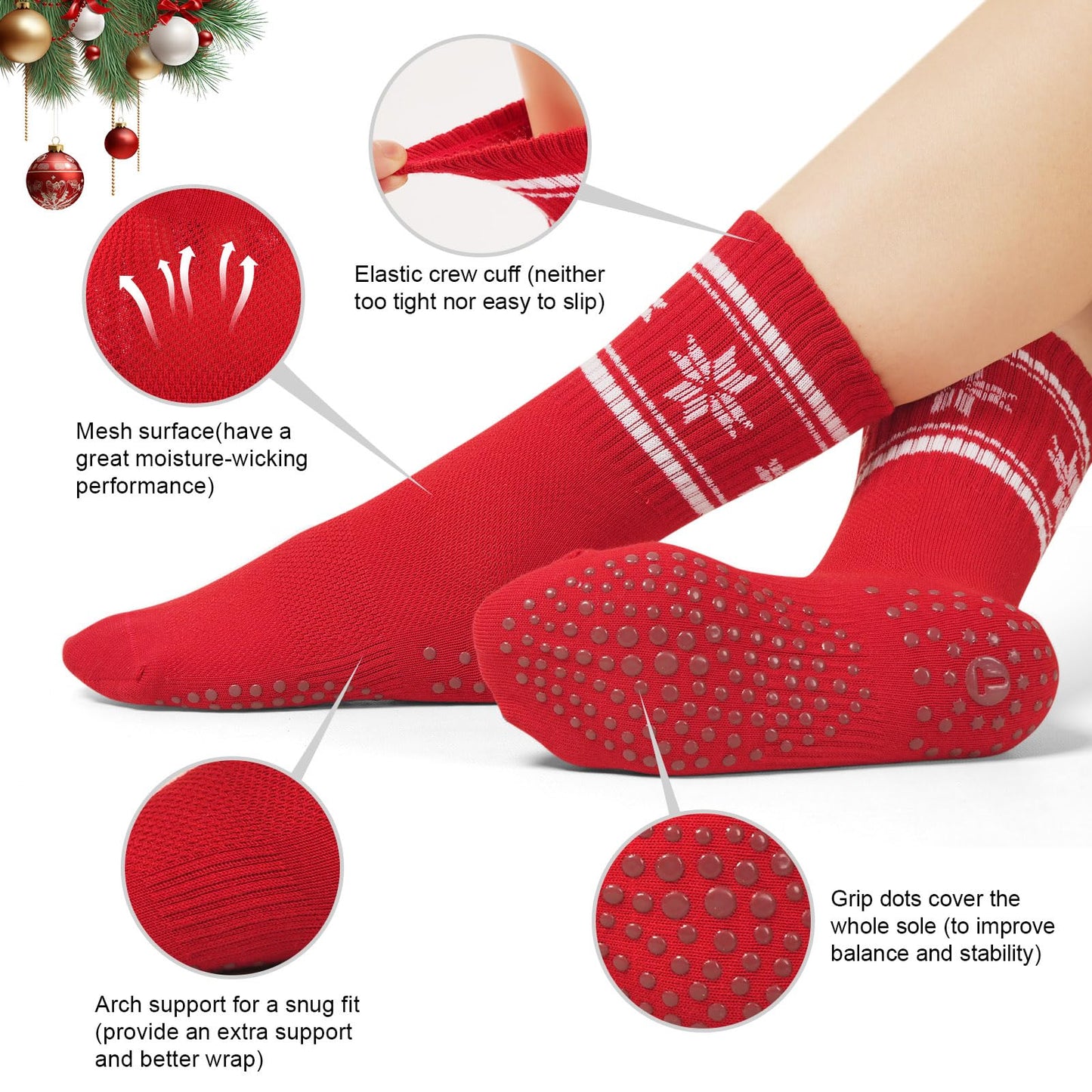 Toes Home Pilates Socks for Women with Non Slip Grips, Christmas Gifts Yoga Crew Socks for Barre Hospital Slipper 4 Pairs Red Green - Medaid International