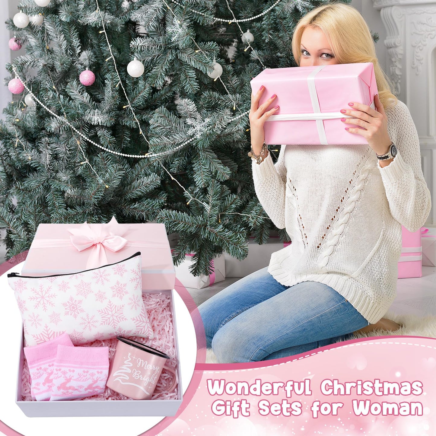 Baderke 4 Set Christmas Gifts Christmas Mugs Enamel Mug 4 Pcs Xmas Makeup Bags Bulk Santa Goodie Bags and 4 Pcs Santa Socks Xmas Socks for Family Women Friend(Pink) - Medaid International