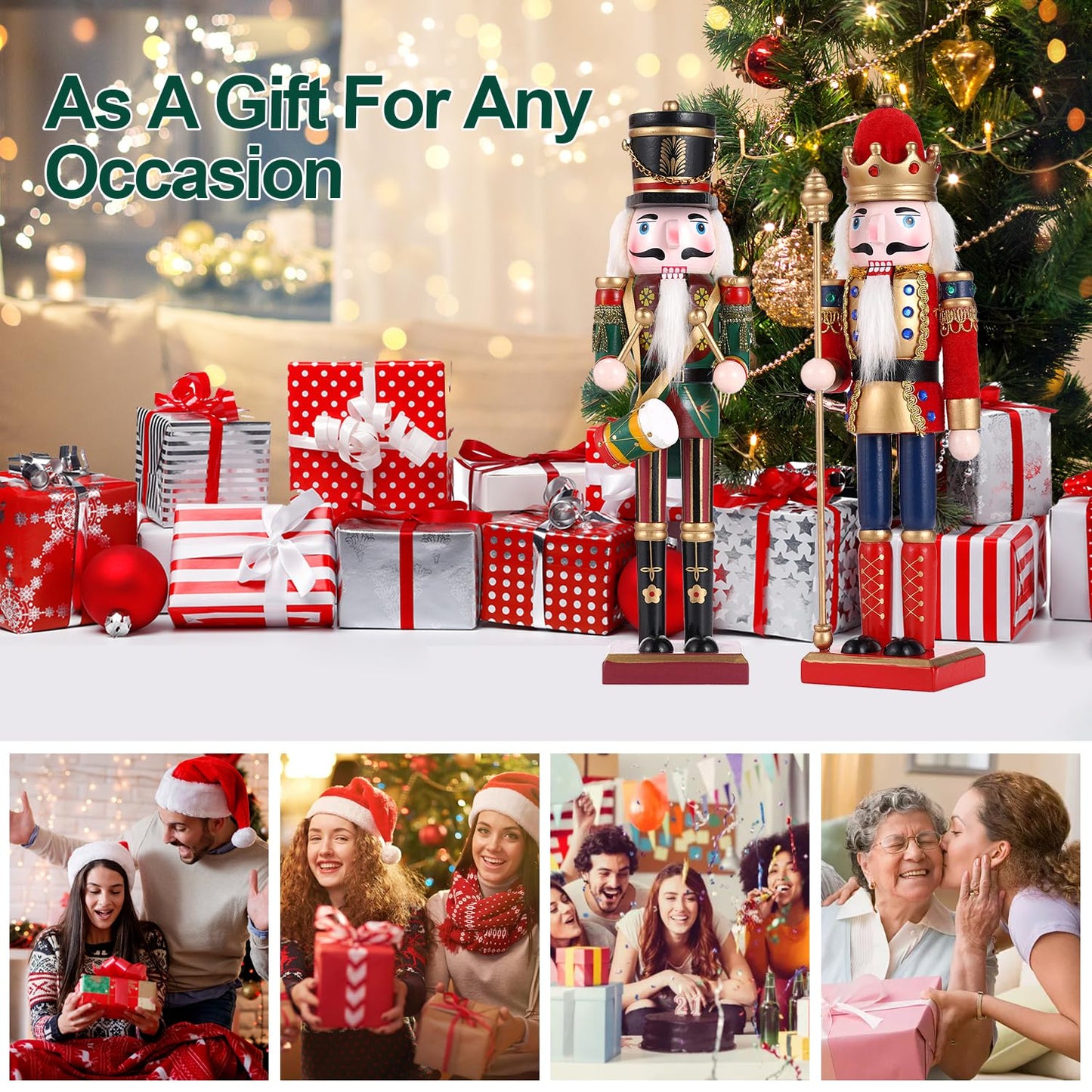 Tpudn 2 Pcs Wooden Christmas Nutcracker Soldier, 30CM Traditional Painted Figures, Festive Collectible for Home Fireplace Tree Party Decoration (Drummer & Spear) - Medaid International