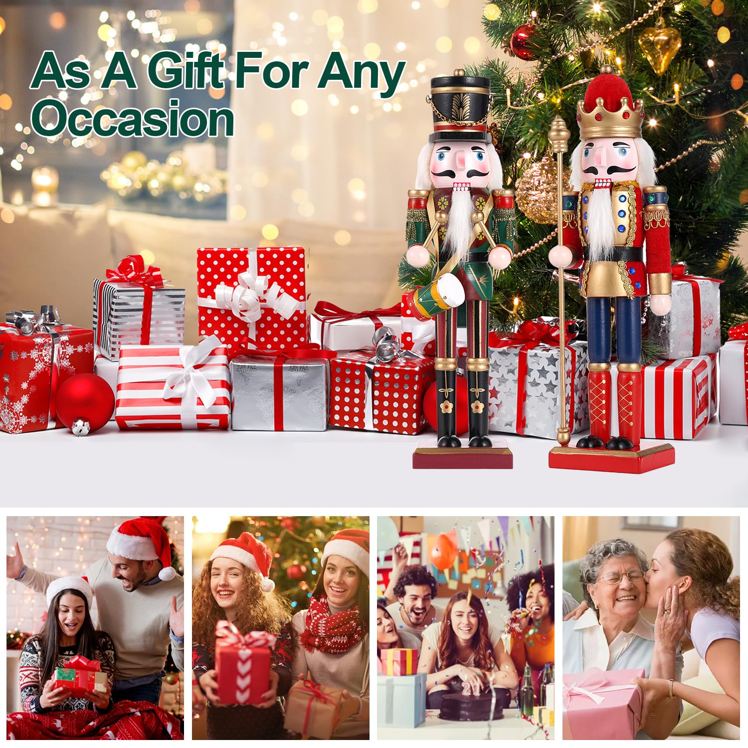 Tpudn 2 Pcs Wooden Christmas Nutcracker Soldier, 30CM Traditional Painted Figures, Festive Collectible for Home Fireplace Tree Party Decoration (Drummer & Spear) - Medaid International