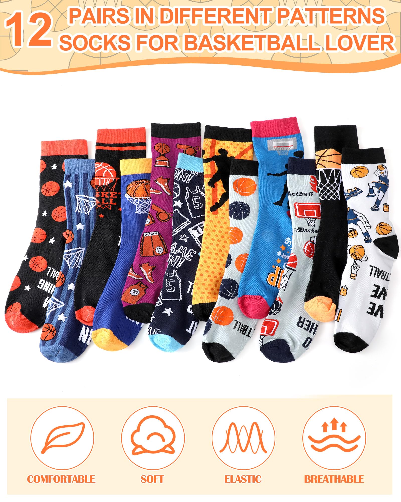Shyyween 12 Pairs Funny Basketball Socks for Men Novelty Cotton Crew Socks Gift for Basketball Players Fans Coaches Team Favors Xmas Stocking Stuffers - Medaid International