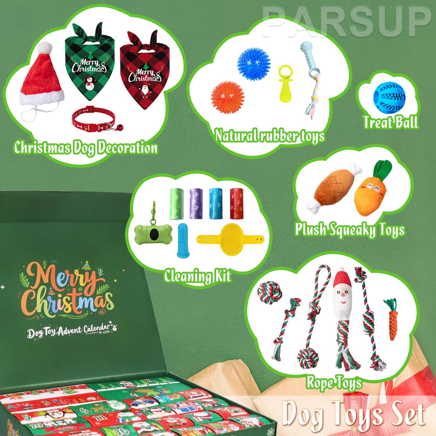 Dog Advent Calendar, 24 Days Pet Toy Christmas Countdown Calendar with Chew Ropes Toys Squeaky Balls Teething Toys for Xmas Small Puppy Terrier - Medaid International